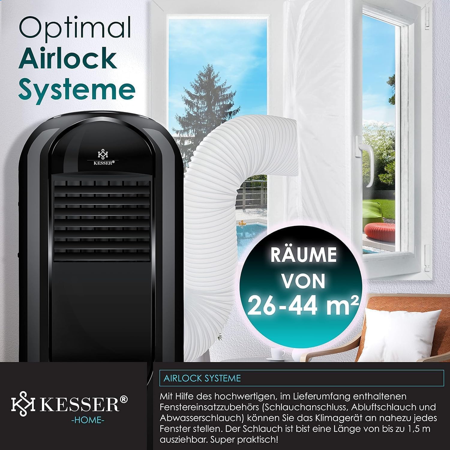 KESSER® Klimaanlage Mobil Klimagerät Sky Tower 4in1 kühlen, Luftentfeuchter, lüften, Ventilator - 9000 BTU/h (2.600 Watt) 2,7KW - Klima, Fernbedienung und Timer, Nachtmodus (EEK: D), Schwarz