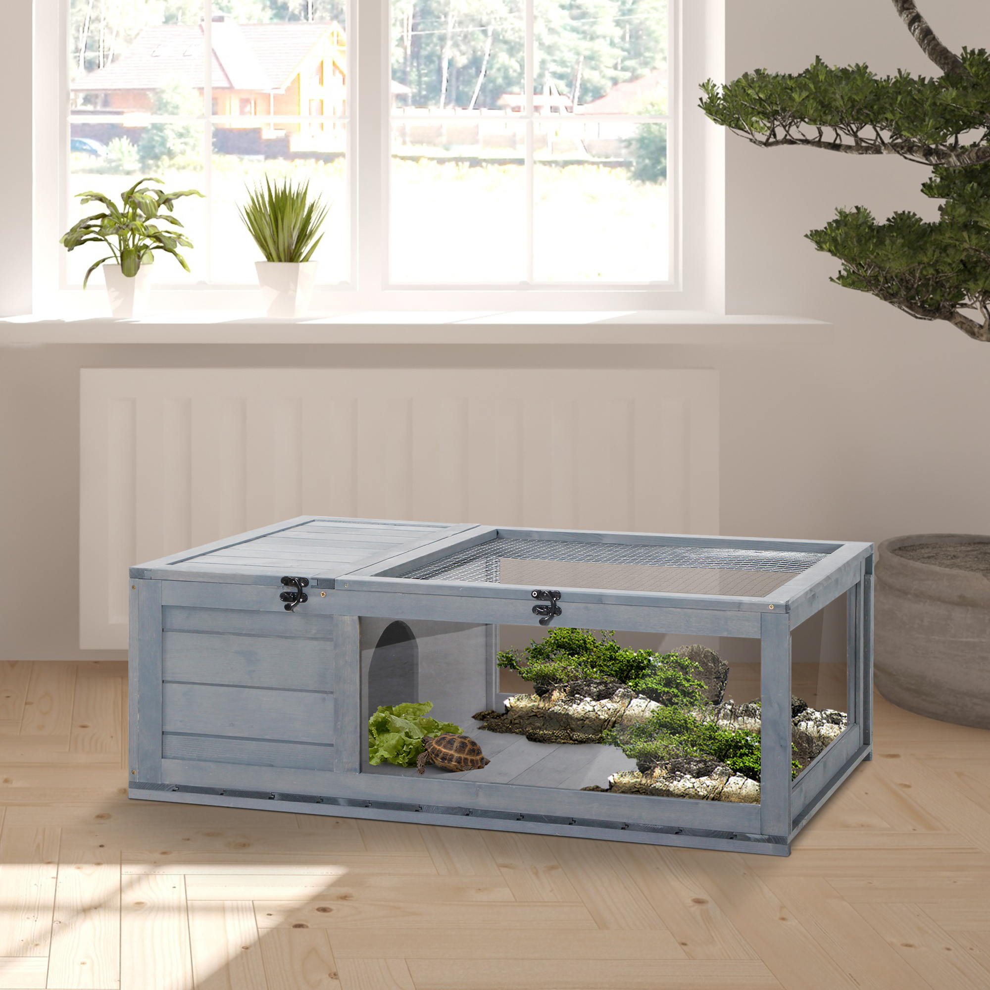 Schildpaddenverblijf van hout met opklapbare bovenkant 91x60,5x32 cm, Grijs