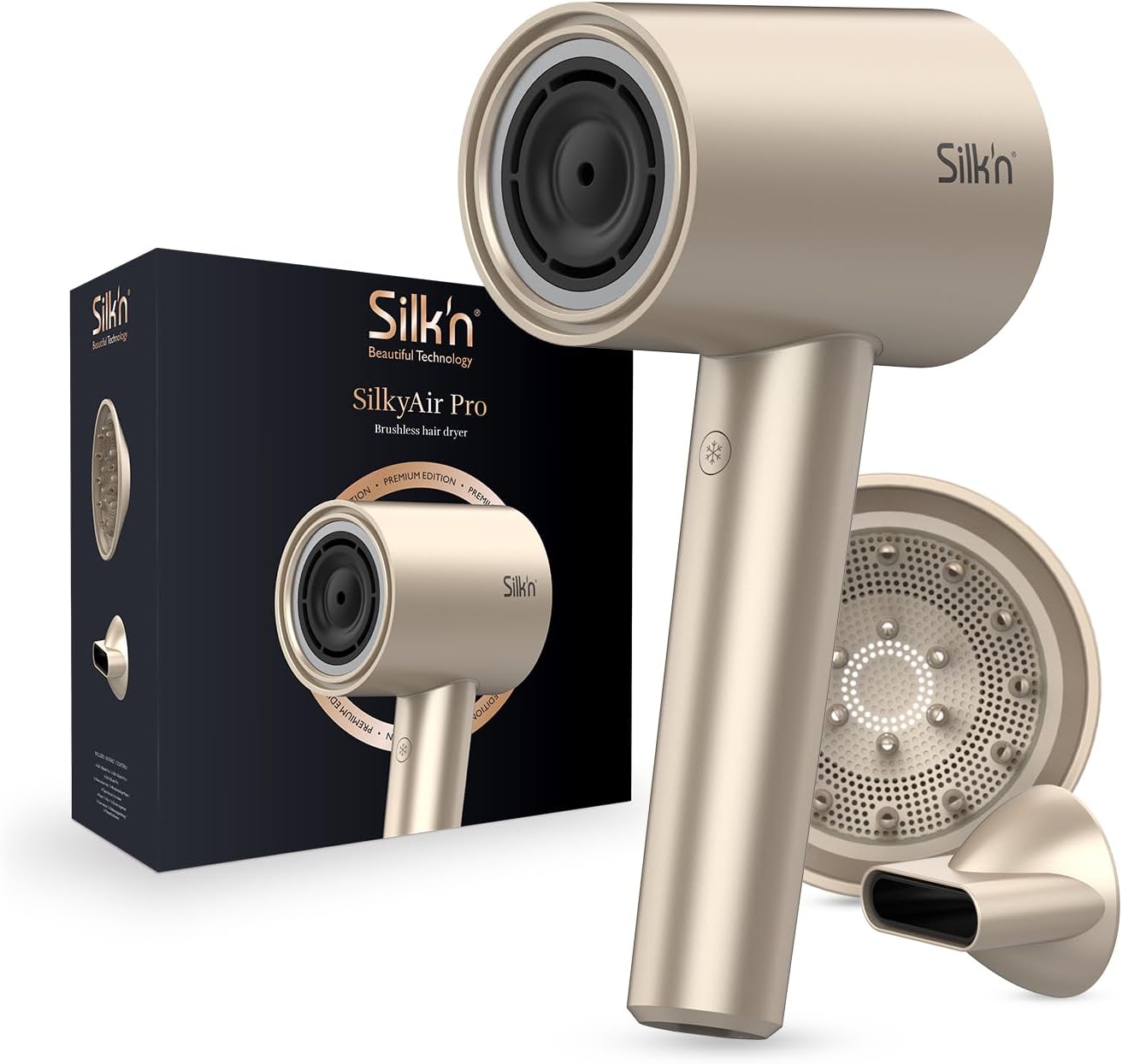 Silk'n Haartrockner I SilkyAir Pro HDB003 I Premium Föhn mit bürstenlosem Motor und Wasser-Ionen-Technologie I 3 Aufsätzen, hitzebeständiger Matte und Reiseetui, 1600 W, Champagner