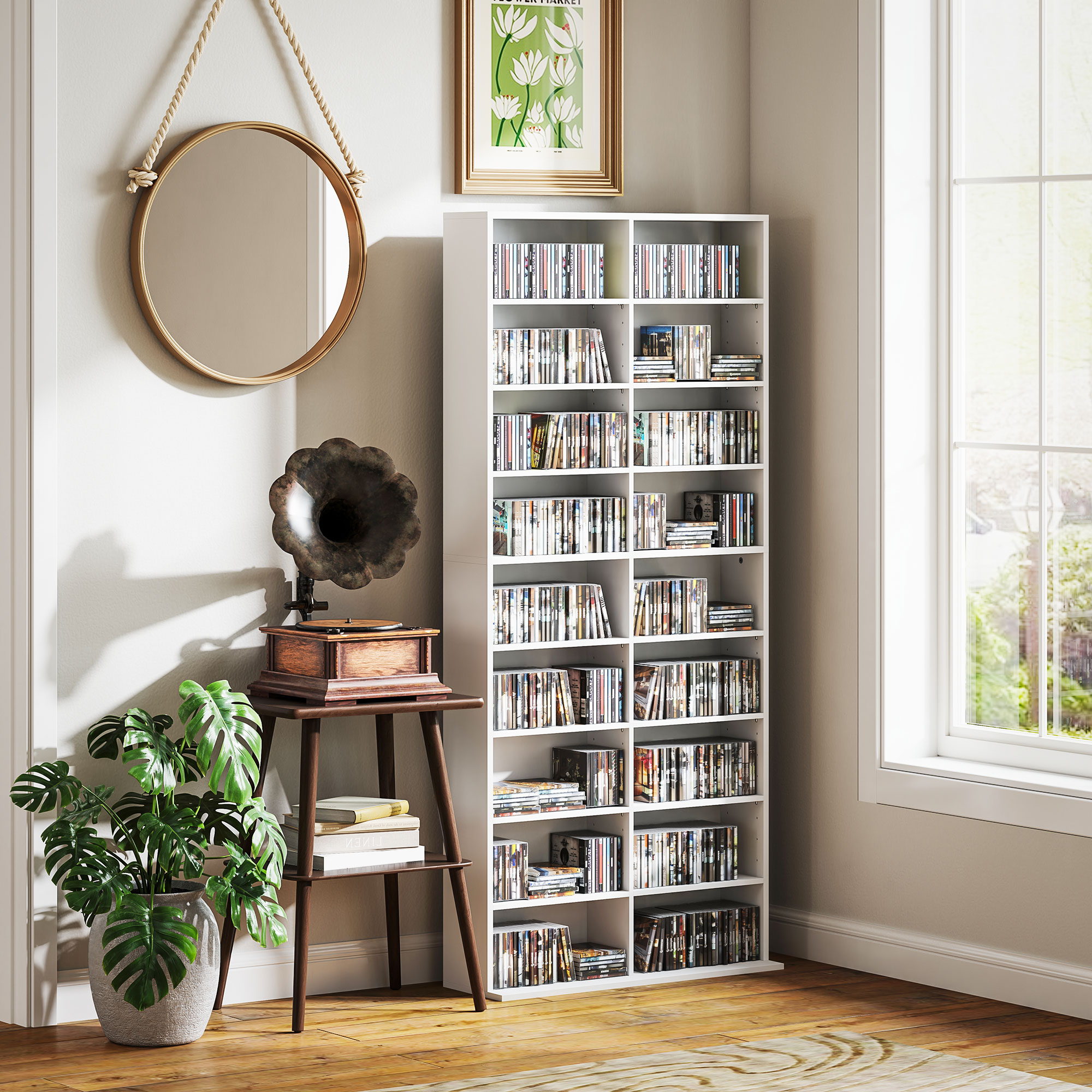 DVD-Rek, CD-Opslagrek, 14 Aanpasbare Planken, 18 Vakken, 175 cm, Blu-ray-Rek, Spaanplaat, Wit