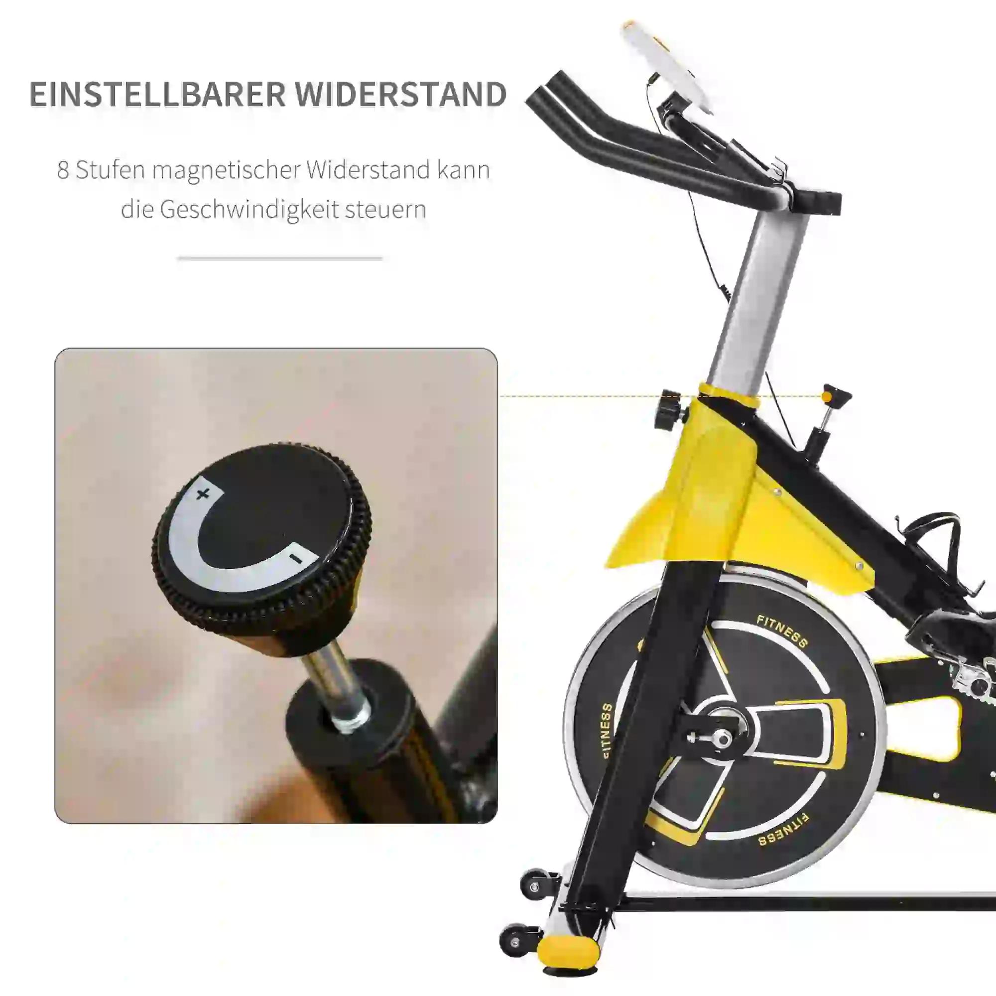 fietstrainer in hoogte verstelbare hometrainer fitness fiets rollertrainer met riemaandrijving LCD display staal ABS geel + zwart 50 x 100 x 101-113 cm