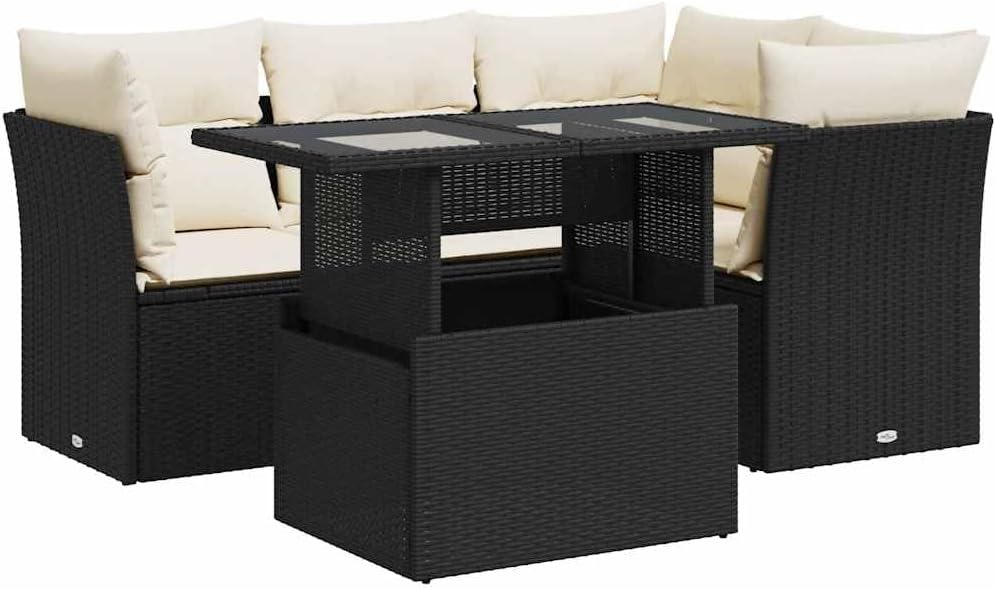 vidaXL 5-TLG. Garten-Sofagarnitur mit Kissen Schwarz Poly Rattan, Outdoor Sofa Set, Outdoor Sofagarnitur, Garten-Lounge-Set, Garten Sofagarnitur