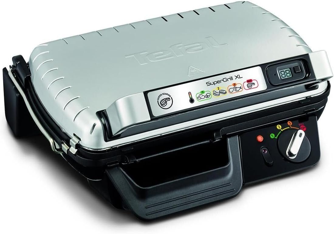 TEFAL GC461B SUPERGRILL XL grill elektryczny z timerem, 4-pozycyjny termostat, Cyfrowy timer, tryb MAX do mocnego obsmażania, moc 2400 W, powierzchnia grillowania XXL, duża tacka ociekowa, srebrny