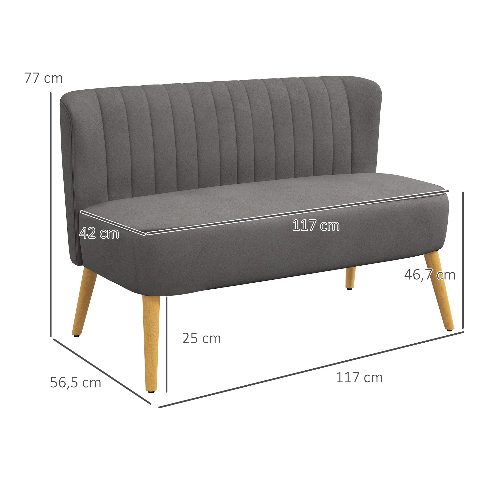 Sofa Retrodesign 2-zitsbank, houten poten, 117 cm x 56,5 cm x 77 cm, Donkergrijs