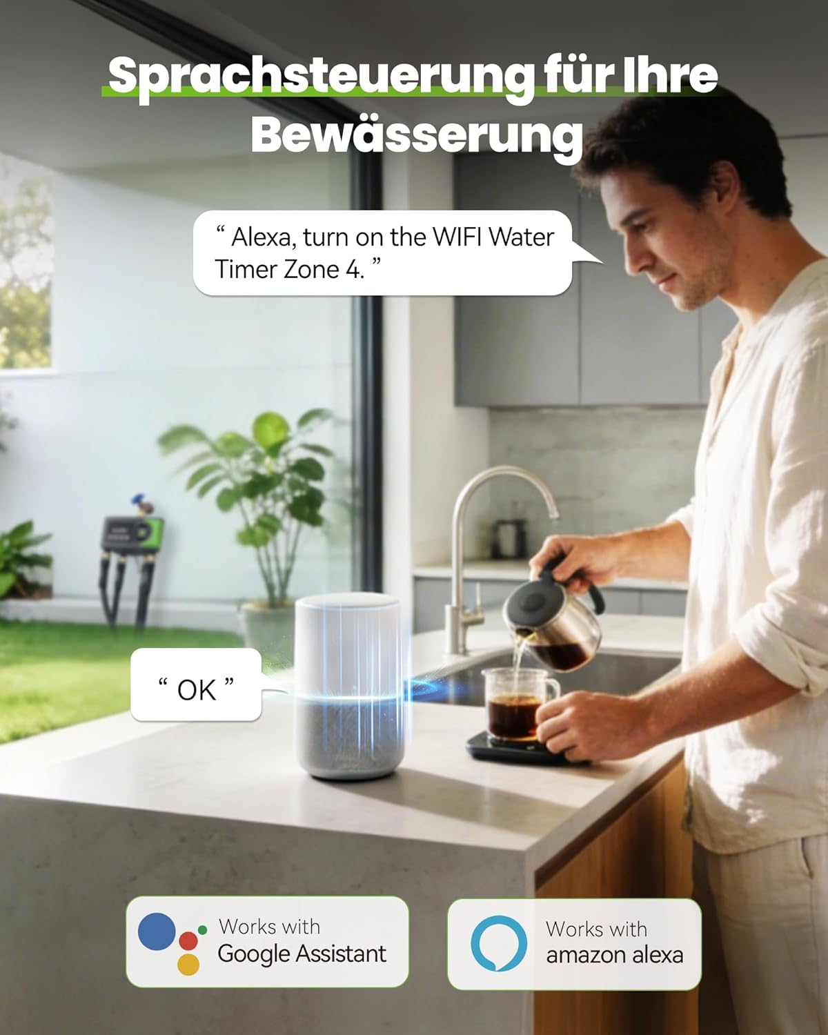 RAINPOINT Bewässerungscomputer WLAN mit 4 Ausgängen, Messing Ein- und Ausgang, Bewässerungsuhr 4 Zonen mit wetter- & bodenbasierter Steuerung, App- & Sprachsteuerung für Garten und Rasen