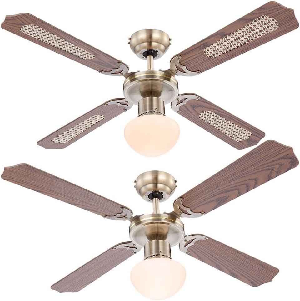 LED Deckenventilator mit Zugschalter Ventilatorlampe Decke 3 Stufen Ventilator Deckenleuchte, Vor-Rücklauf, Eiche Geflecht Glas Altmessing, 1x LED 9W 810Lm, D 106,6 cm