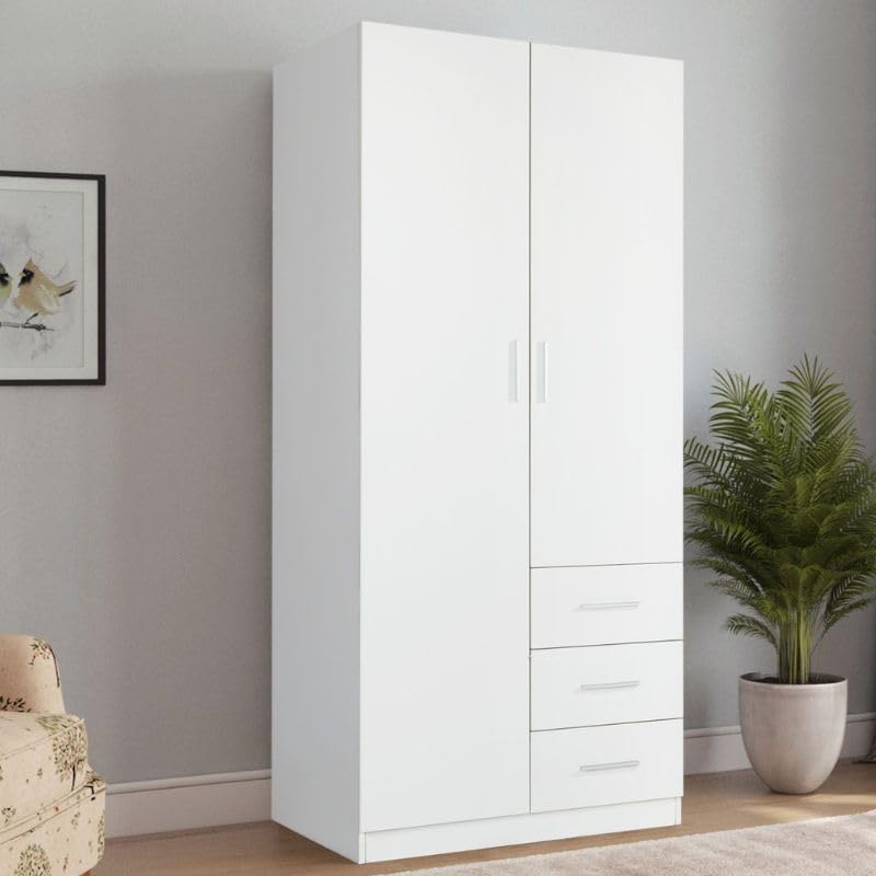 Buyqualia Armario ropero Blanco 200x80x58 cm con 2 Puertas y 3 cajones – Diseño Moderno y Funcional
