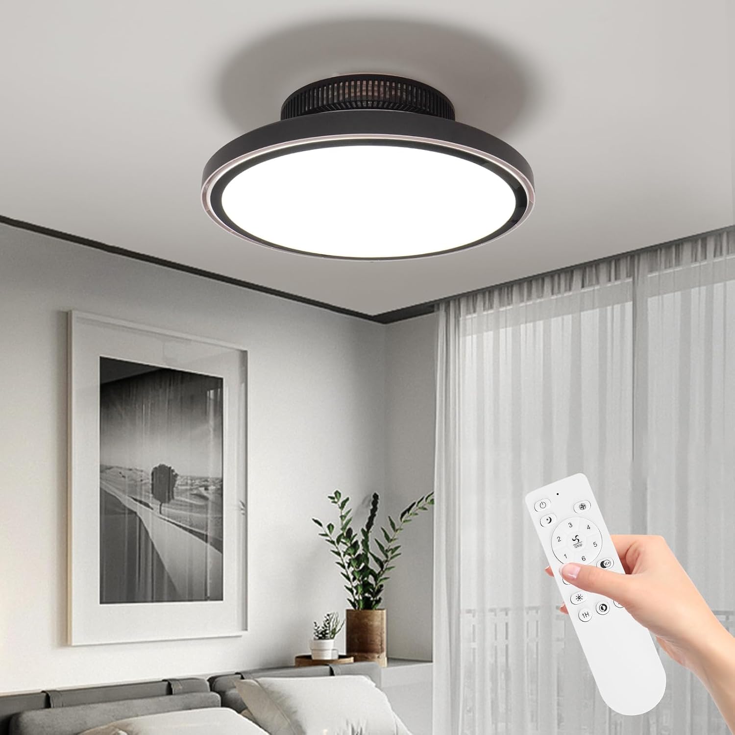 Blattloser Deckenventilator mit Beleuchtung und Fernbedienung Leise, 3000-6000K Dimmbares LED Deckenleuchte mit Ventilator mit 6 Windgeschwindigkeiten und Timer-Funktion, Schwarz