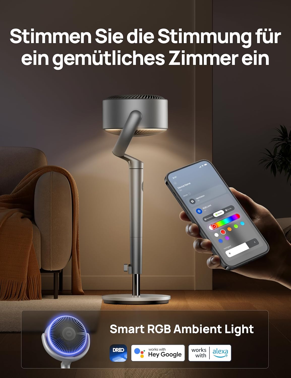 Dreo Smart Standventilator mit RGB Light, 120° +120° Oszillierender Ventilator mit Fernbedienung, 20dB Leiser Bodenventilator für Schlafzimmer, 8H Timer, Silber