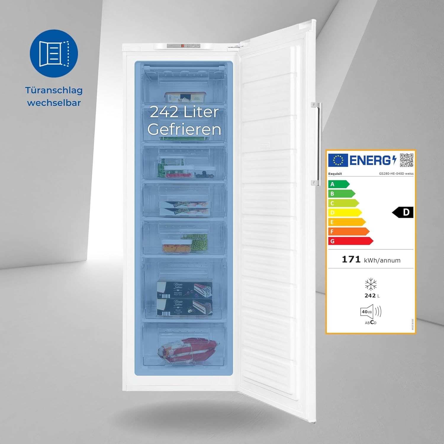 Exquisit Gefrierschrank GS280-HE-040D weiss | Tiefkühlschrank Gross 242 Liter | 4* Schnellgefrieren | Gefrierschrank Gross | Türanschlag wechselbar