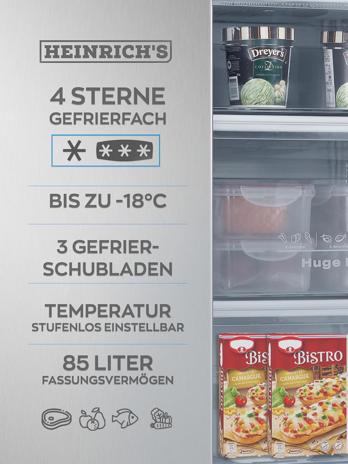 Heinrich´s Gefrierschrank 61Liter -18°C Freezer, 3x Gefrierschublade, 7 Stufen Temperaturregler, Airflow, wechselbarer Türanschlag weiß