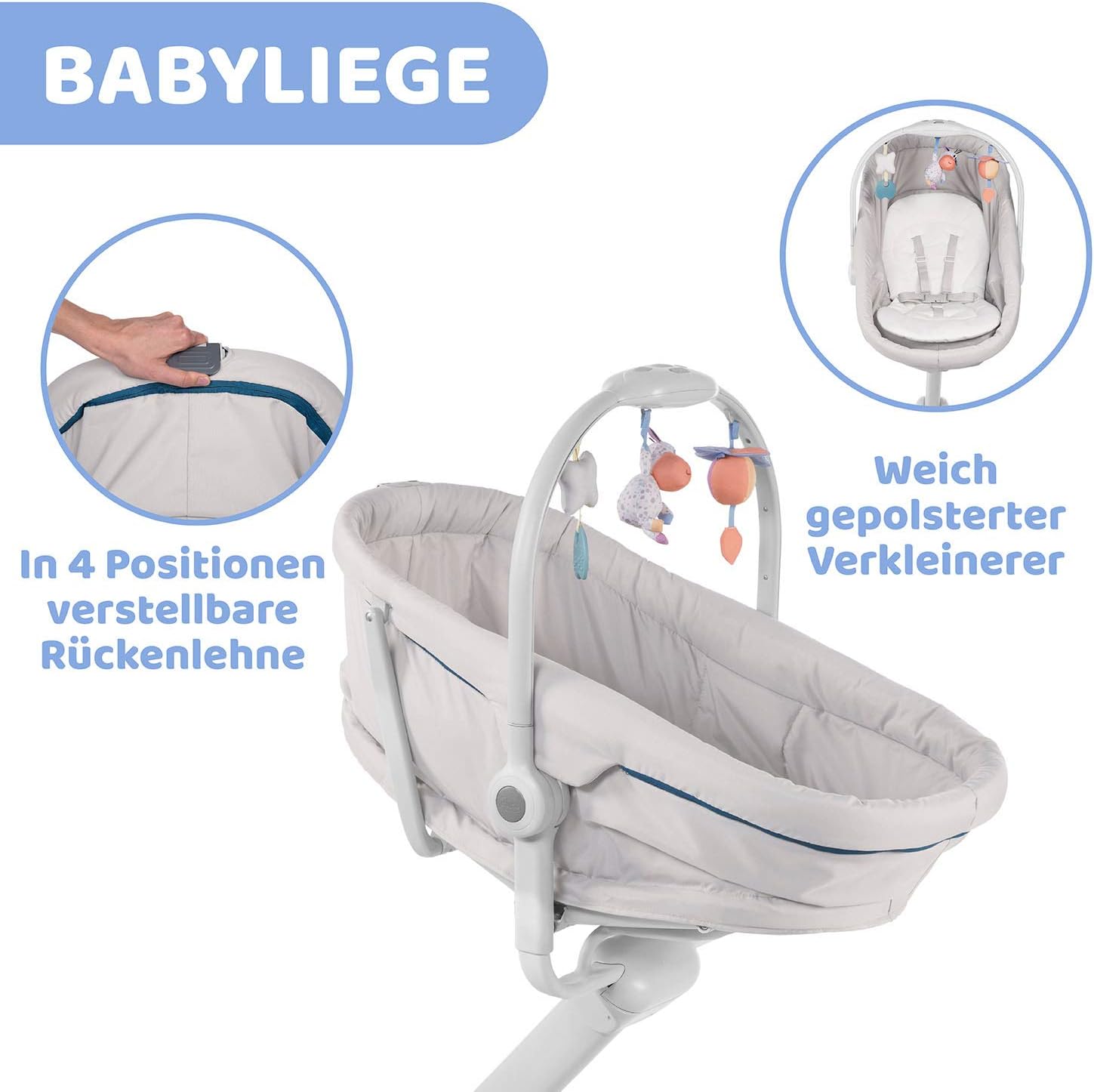 Chicco Baby Hug 4 in 1 Stubenwagen ab 0 Monate, Erhöhte Babyliege, Babybett, Hochstuhl mit Spielbogen, bis 15 kg, Verstellbare Rückenlehne, Verstellbare Höhe und 4 Räder