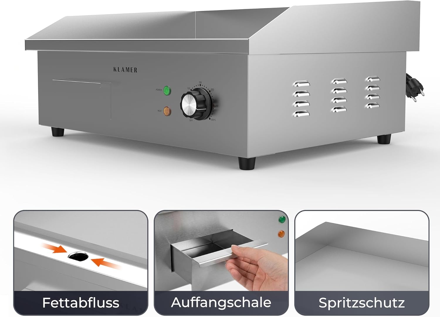 KLAMER Elektrogrill Edelstahl 3000W, XL Grillplatte 54,5x38,5 cm, Tischgrill Elektrisch 50–300°C, Eisengrillplatte, Spritzschutz, Auffangbehälter, Balkon & Gastronomie