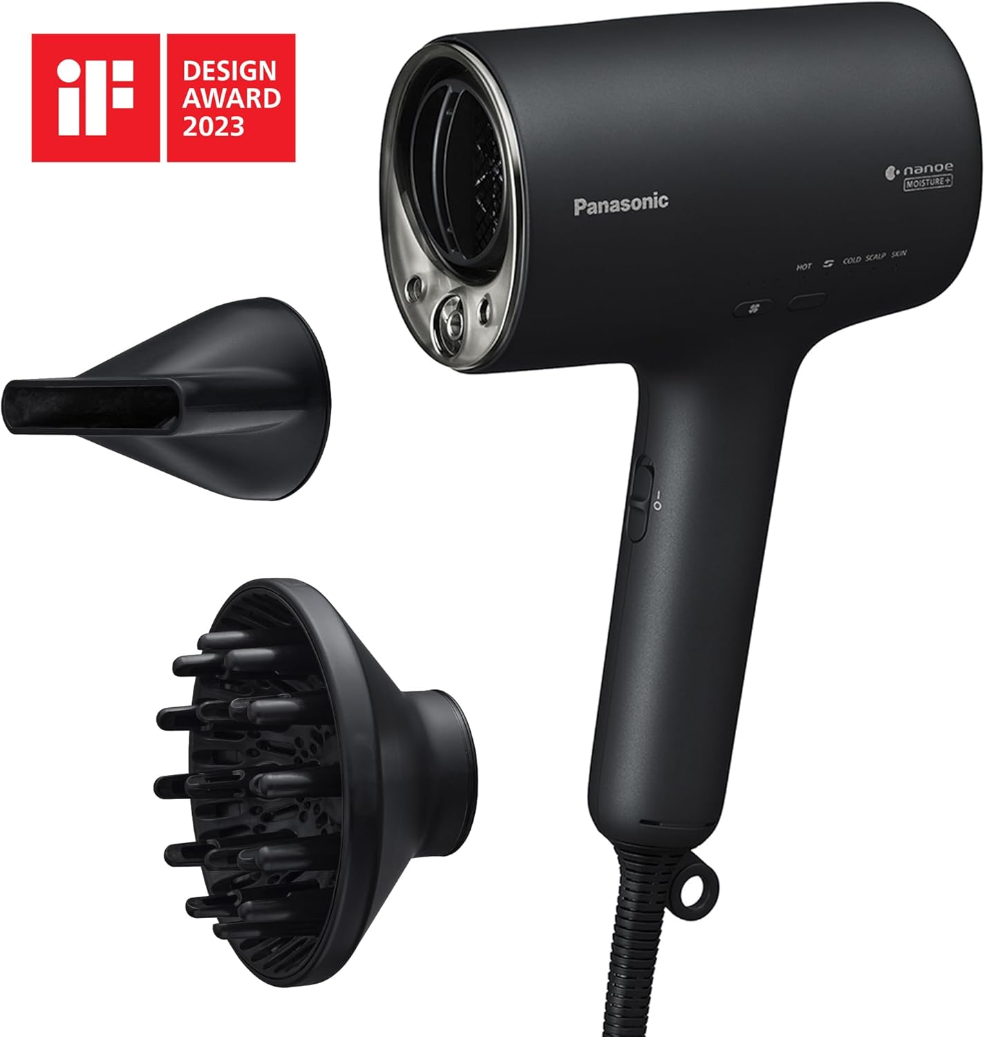 Panasonic EH-NA0J-N825 nanoe™ MOISTURE+ & Mineral Haartrockner, If Design Award, Diffusor & Konzentratordüse, Heiß- & Kalt-Wechselmodus, Pflege für Haut, Kopfhaut & Haarspitzen, 1600 W, Schwarz