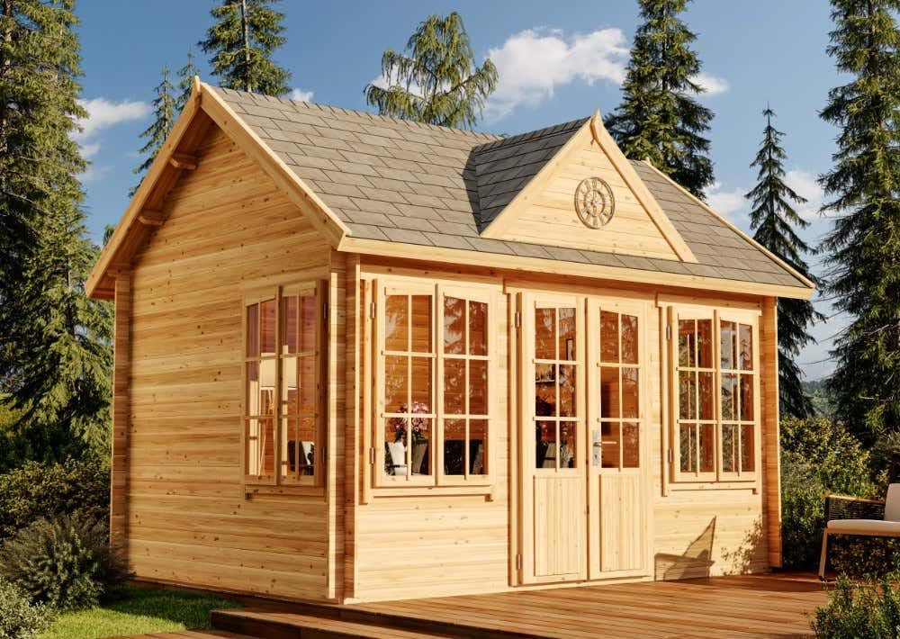 Gartenhaus Clockhouse-28 aus Holz in Naturbelassen mit 28 mm Wandstärke, Größe: 420 x 320 cm mit Satteldach