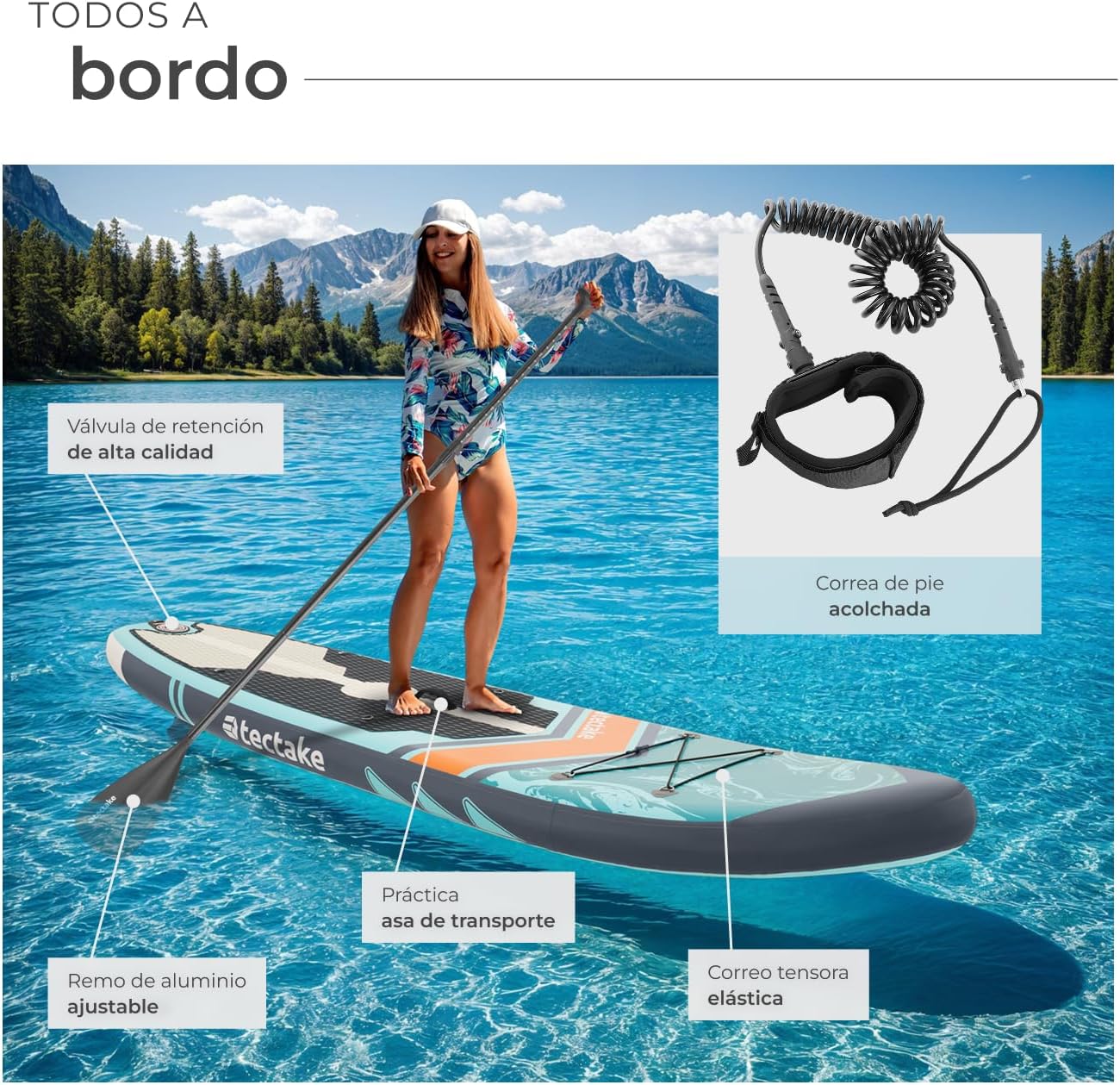 tectake® Tabla de Paddle Surf Hinchable, Incluye Remo 2 en 1, Asiento de Kayak, Bomba de Aire, Mochila de Transporte, Stand Up Paddle, Accesorios Paddle Surf, Tabla Hinchable