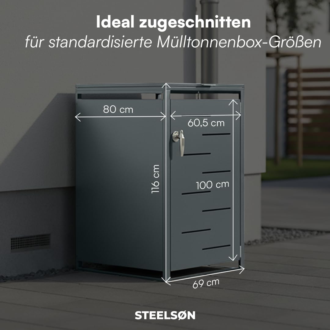 STEELSØN Diorus Mülltonnenbox 1er bis 240L abschließbar – Hochwertige Mülltonnenverkleidung 1 Tonne aus Stahl – Müllbox Müllcontainer Anthrazit - Mülltonnen Box wetterfest – Gerätebox mit Schloss