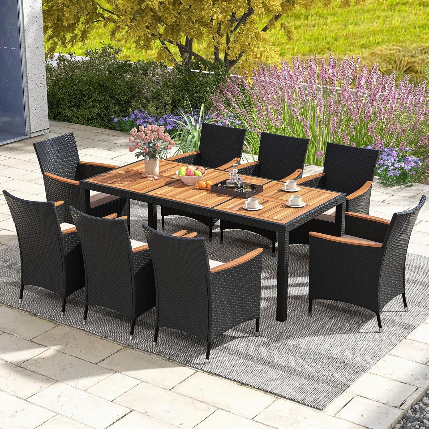 COSTWAY 9 TLG. Rattan Gartenmöbel Set, Sitzgruppe für 8 Personen, Gartentisch mit Tischplatte aus Akazienholz, 8 Stühle & Kissen, Terrassenmöbel Set, Gartengarnitur, Sitzgarnitur, Essgruppe