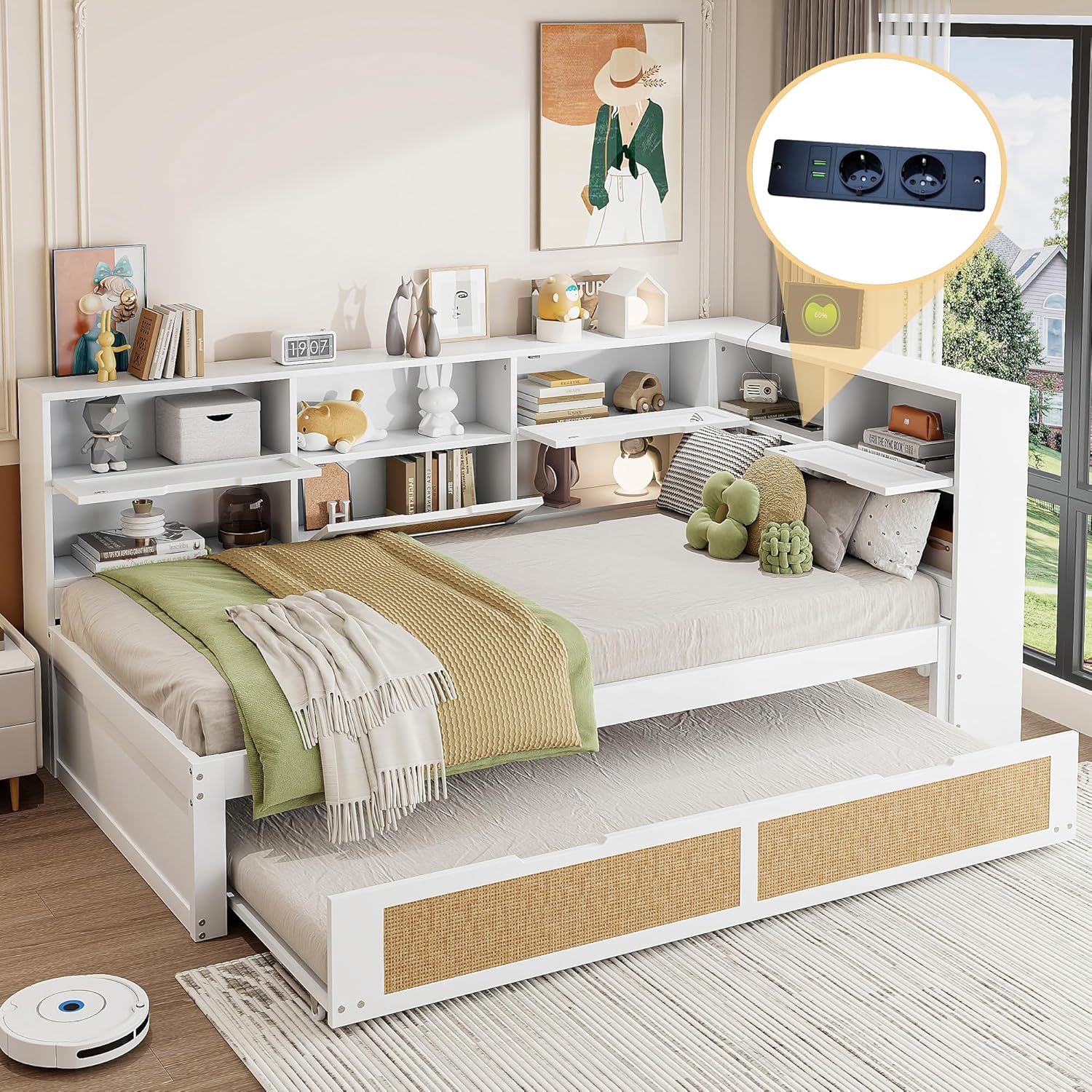 Tagesbett Schlafsofa 90x200, Holz Multifunktionsbett mit Ausziehbett 90x190 cm, USB-Steckdose und vielen Staufächern, Einzelbett Massivholzbett Kinderbett Daybett mit Lattenrost, Ohne Matratze, Weiß