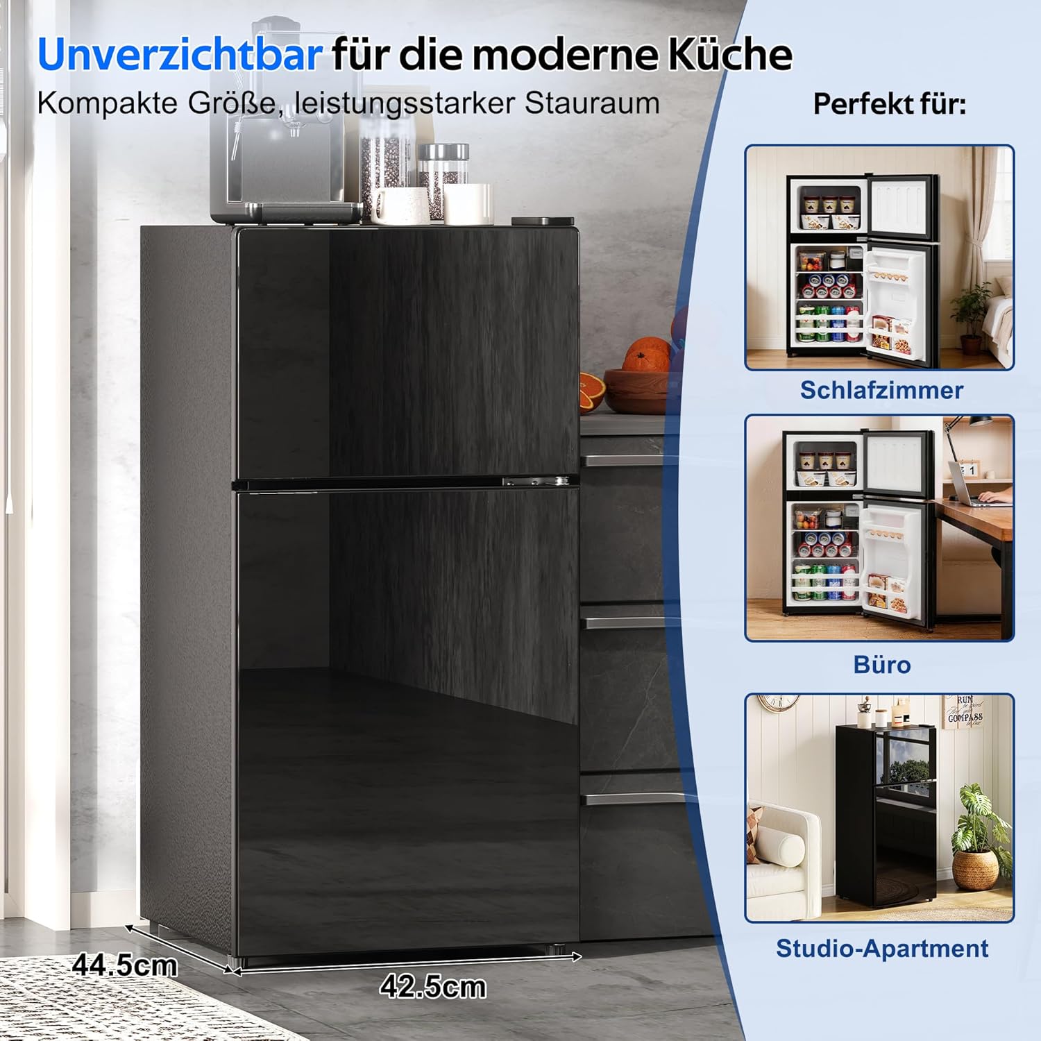 Merax Kühlschrank mit Gefrierfach, 60L Kleiner Kühlschrank, kompakt, Glastür, LED-Innenbeleuchtung, manuelle Temperaturregelung, Glasablagen, 45 dB(A), Mini Fridge für Studentenwohnheim Büro, Schwarz