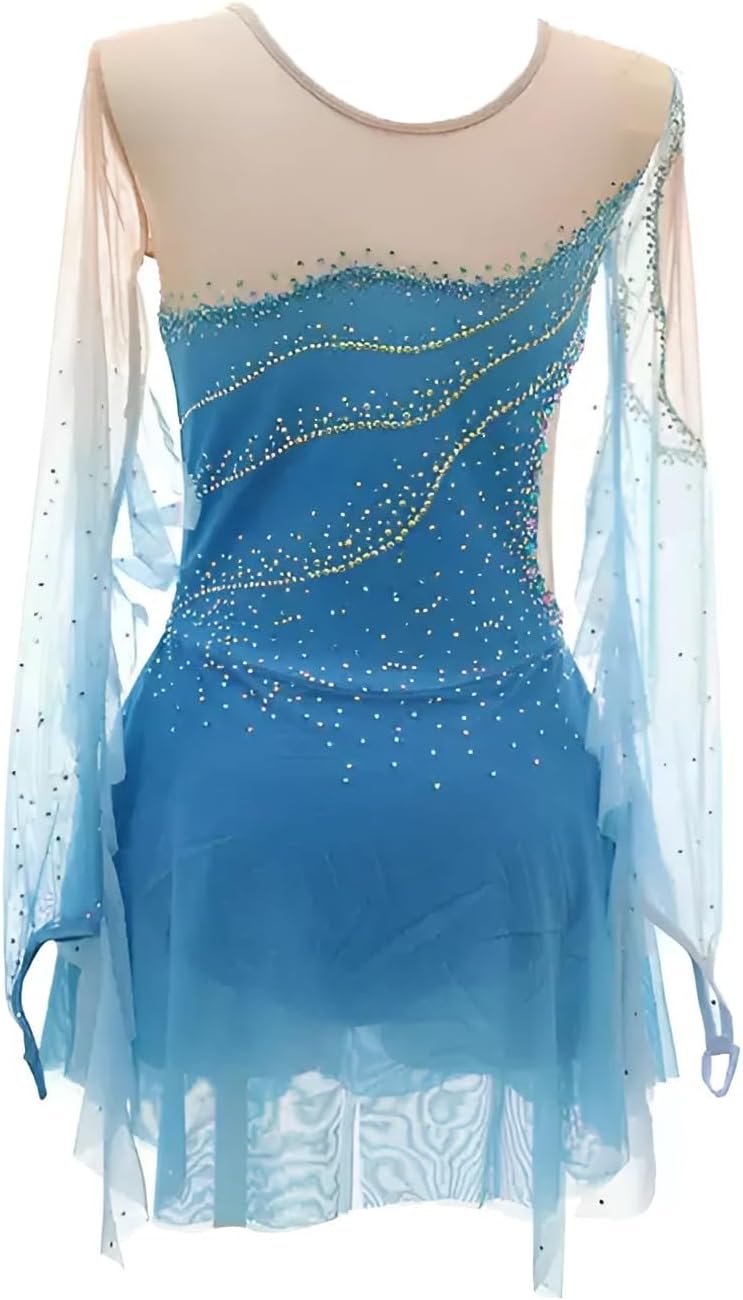 Mädchen-Eiskunstlaufkleid Mit Langen Ärmeln Und Rock, Elastisches Wettkampf-Eislauf-Outfit