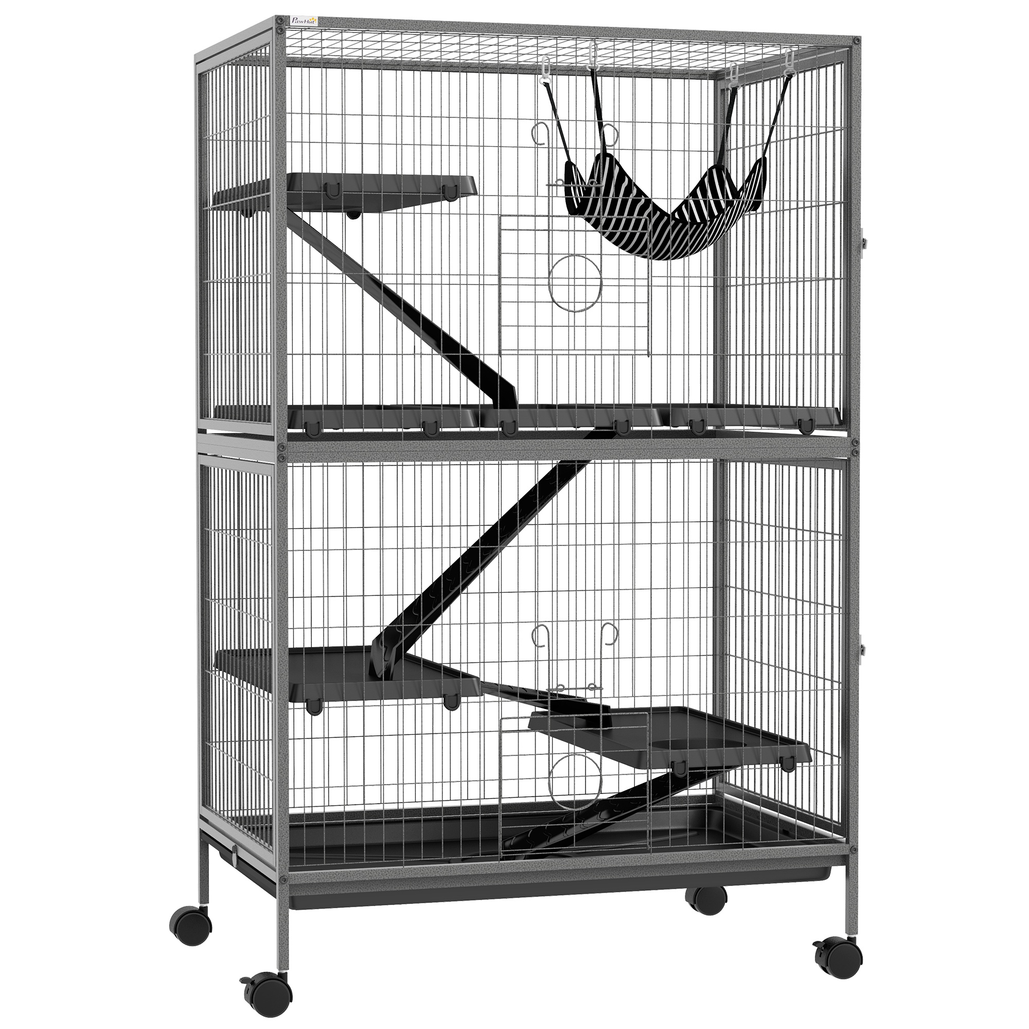 PawHut Kleine huisdierkooi met hangmat, knaagdierkooi met wielen, 4-verdiepingen kooi, Metaal, Kunststof, 80 x 52 x 128 cm, Grijs