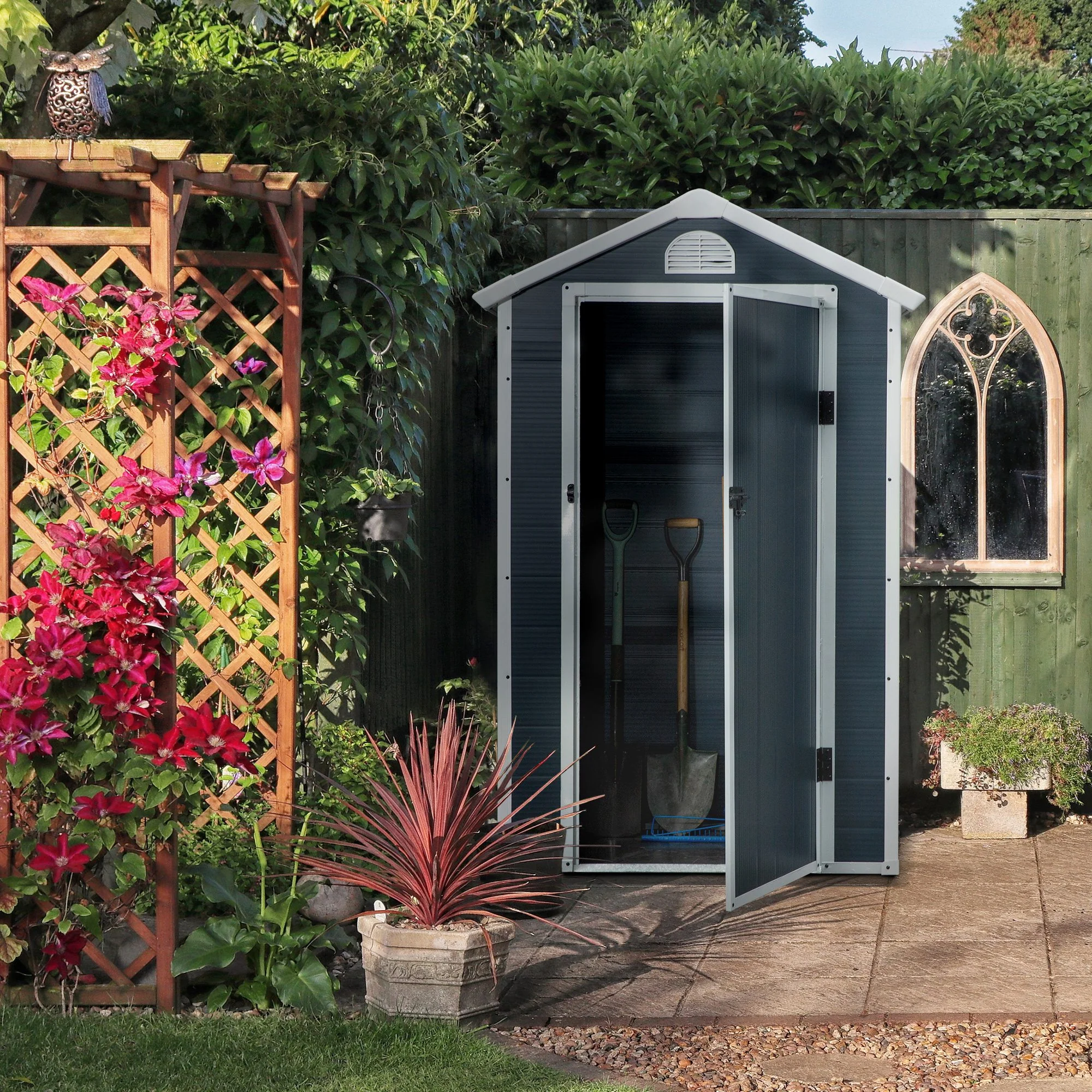 Outsunny Gereedschapsschuur tuinhuis met raam puntdak outdoor metaal grijs