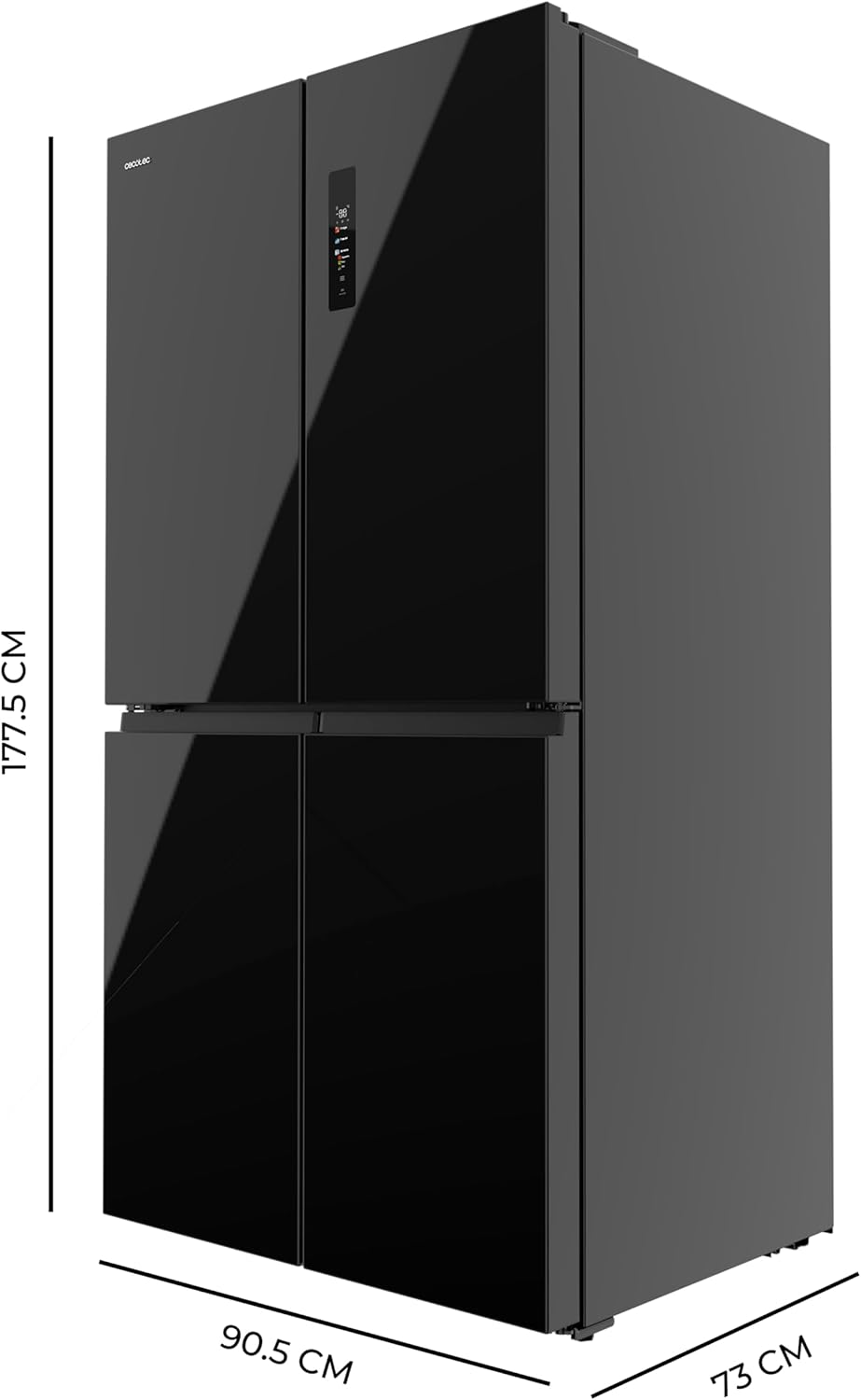 Cecotec Réfrigérateur Américain 4 Portes Bolero CoolMarket 4D 601 Black Glass E. 601L, Moteur Inverter, 90cm, No Frost, ECO, Refroidissement Rapide, Display, Alarme Température, Verre Noir
