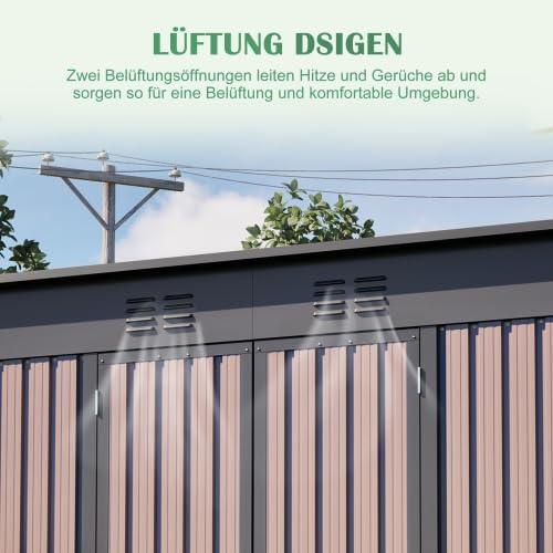 Geräteschuppen Metall 8 x 4 Fuß mit Fundament, Gerätehaus wetterfest als Fahrradgarage für 2-3 Fahrräder, Mülltonnenbox & Gartengerätehaus, verzinkter Stahlschuppen mit Schrägdach & Belüftung, Braun