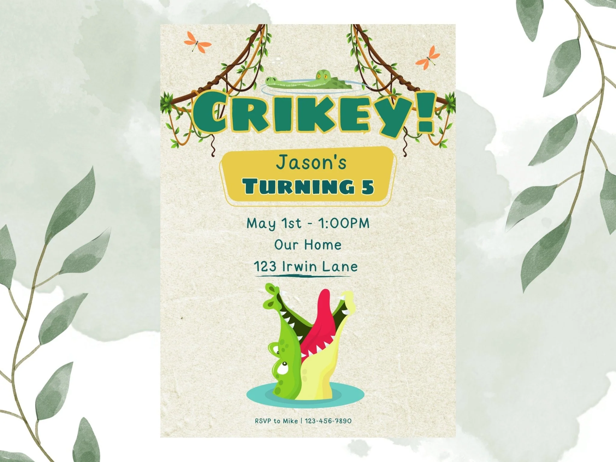 Crikey! Reptile Birthday Invitation, Children's Crocodile Birthday Invitation Template