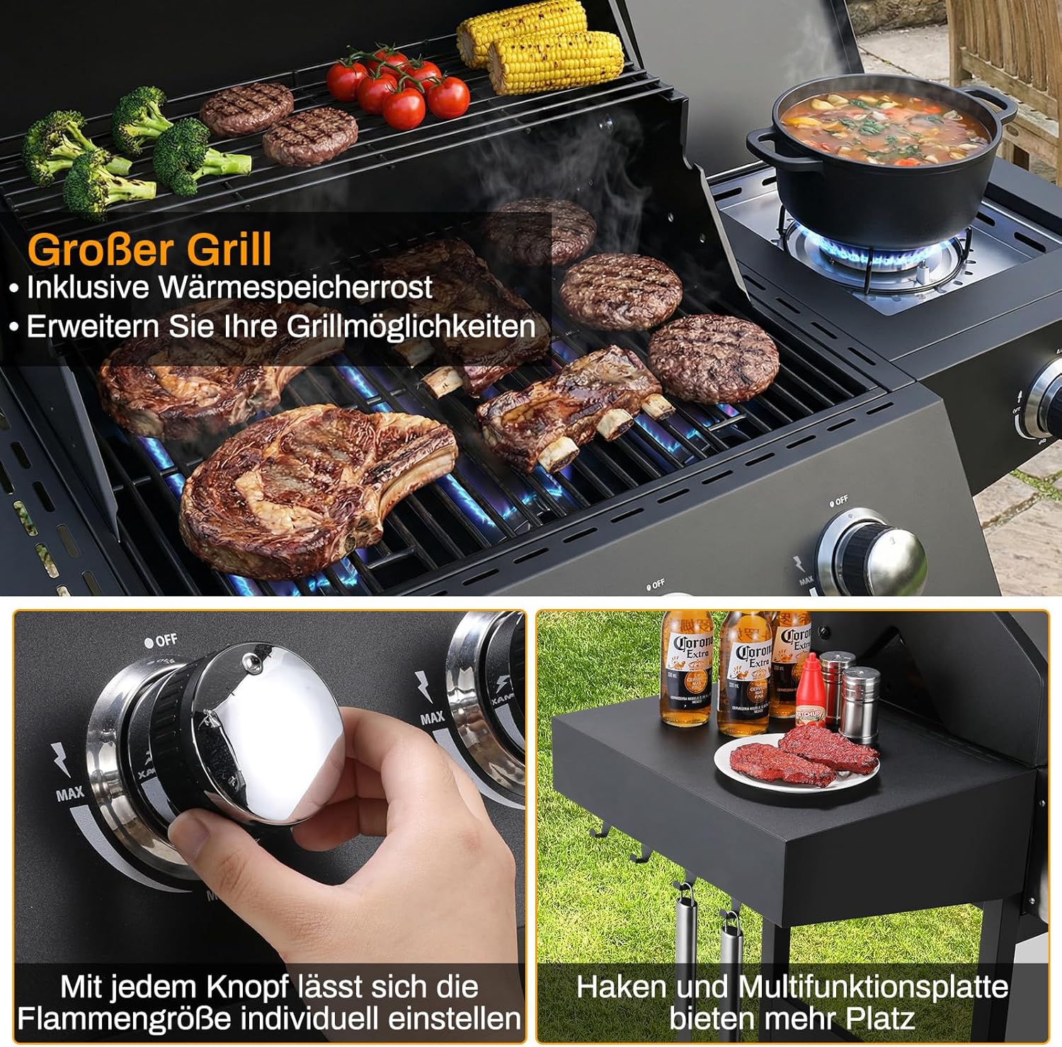 LIFERUN Gasgrill 3+1 Edelstahl Brenner,13,5 kw Gas Grillwagen BBQ mit Seitenkochfeld,Gasgriller mit Thermometer,4 PCS Bremse Rollen,DE I3B/P(50) Gasdruckregler,Grillküche Camping Garten(Butan/Propan)
