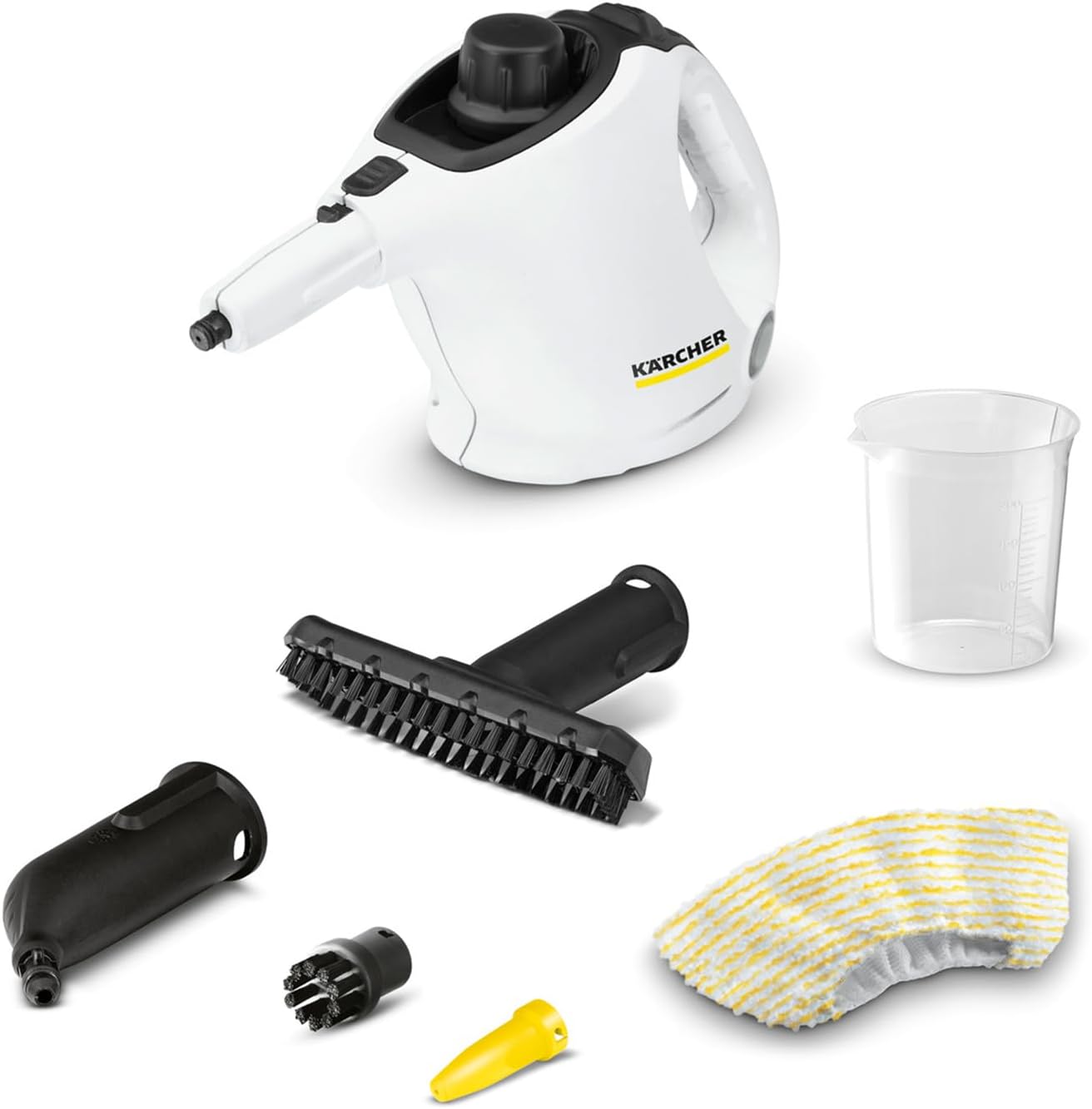 Krcher Dampfreiniger SC 1, Dampfdruck: 3 bar, Aufheizzeit: 3 min., Leistung: 1.200 W, Flchenleistung: 20 m, Tank: 200 ml, mit Hand-, Punktstrahl- und Powerdüse, Mikrofaser-berzug und Rundbürste