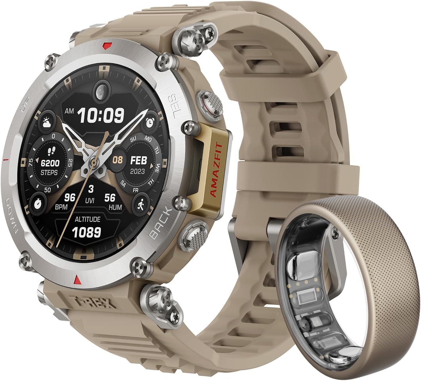 Amazfit T-Rex Ultra Smartwatch für Outdoor-Benutzer, Dualband-GPS, Routenimport & Navigation, Offline-Karte, 10 ATM Wasserdichtigkeit, -30℃ Ultra-Tieftemperaturbetrieb Smartwatch & Helio Ring Größe 12