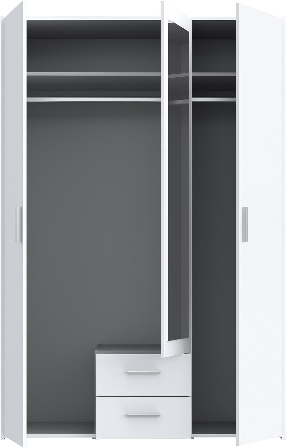 Forte TELANE Kleiderschrank 130, moderner Drehtürenschrank, 3-türig, 2 Schubladen, Spiegel, Schlafzimmer, Holzwerkstoff, Weiß, 131,1 cm breit x 195 cm hoch x 54,2 cm tief