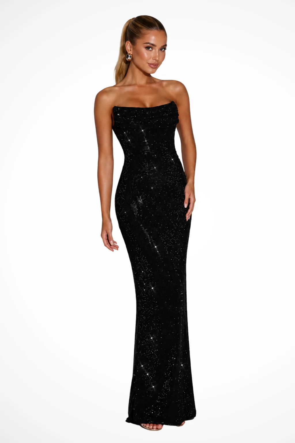 Tr?gerloses Maxikleid f��r Damen | Festliches Abendkleid mit Verzierungen | Elegantes Kleid f��r Hochzeitsg?ste | Bodenlang