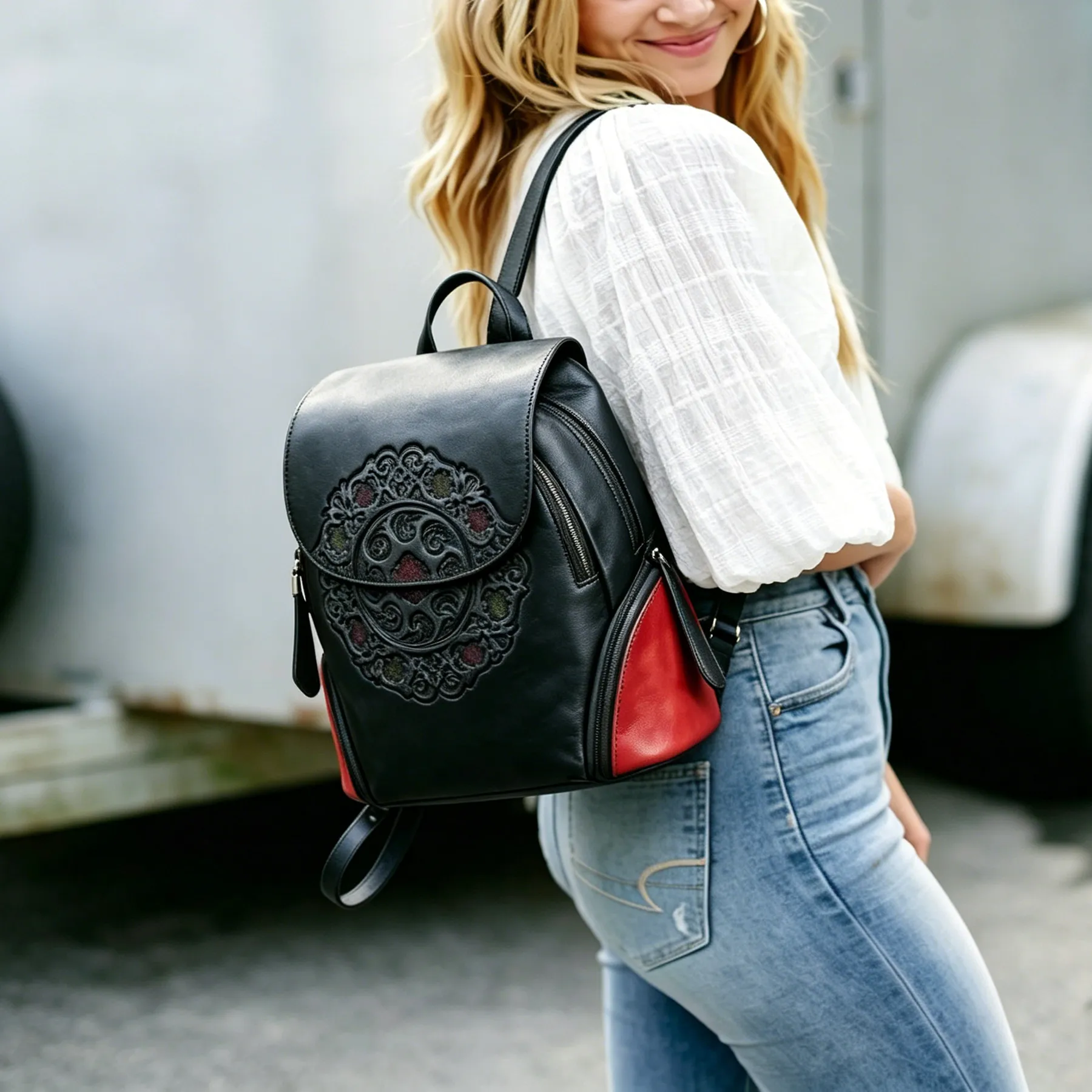 Black Vintage Embossed Women Leather Backpack