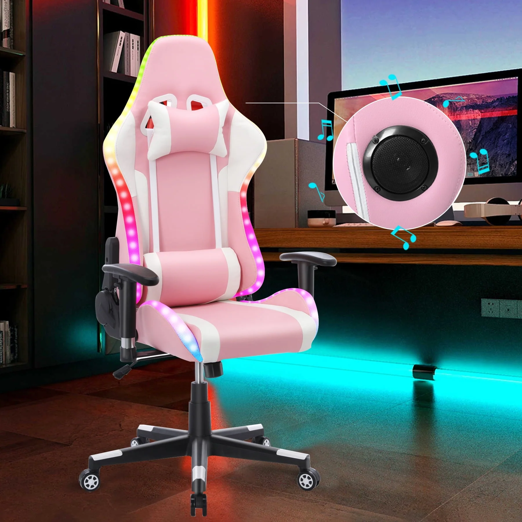HomeMiYN Gaming Chair with Speakers Video and  RGB LED Lights, Pink PU Leather Ergonomic Racing Office Chair