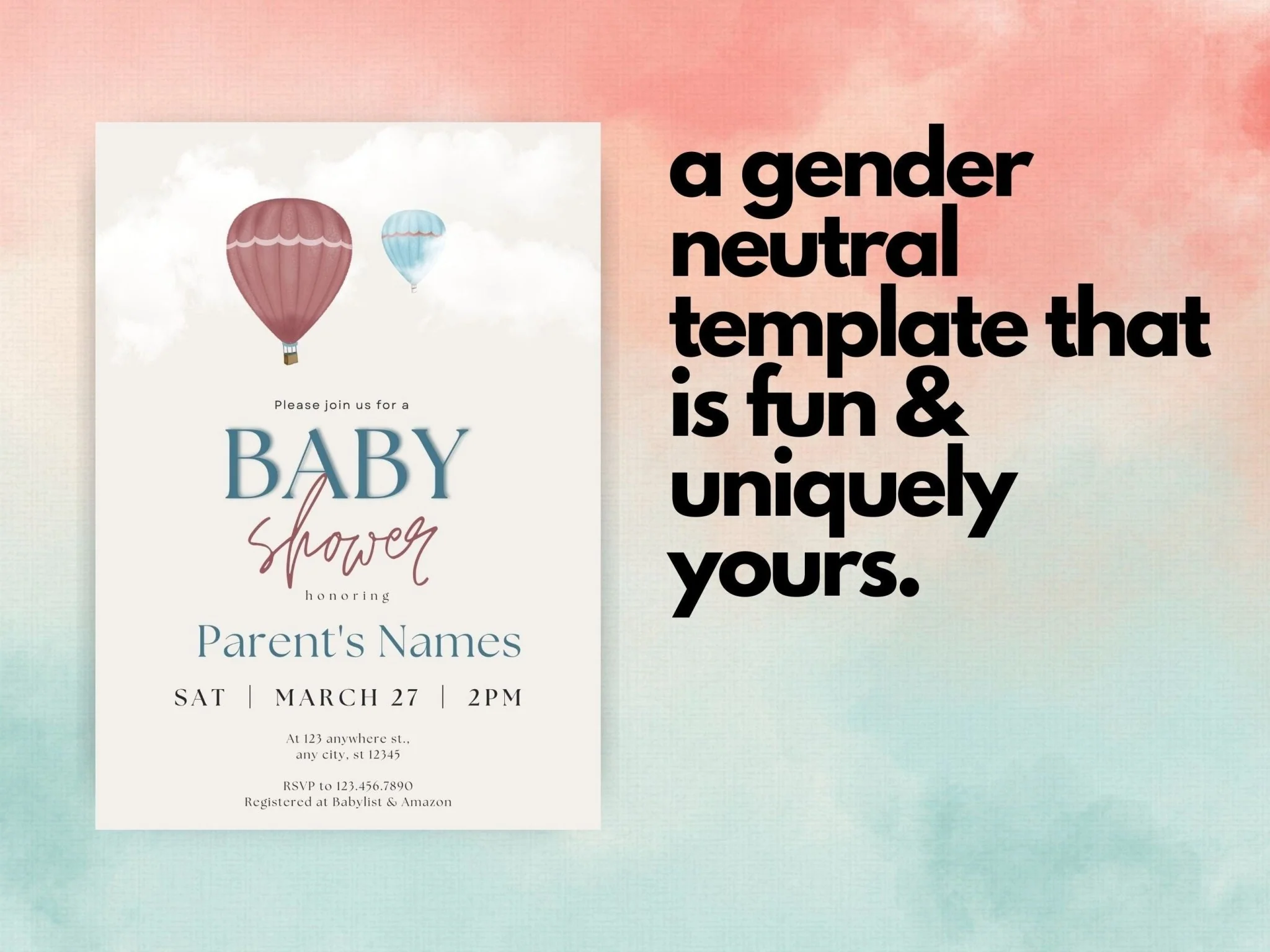 Gender Neutral Baby Shower Invitations, Whimsical Baby Shower Template, Digital Baby Shower Invitation, Hot Air Balloons