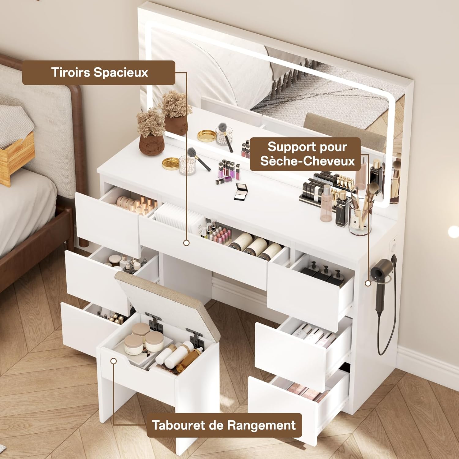 Schminktisch Groß mit Spiegel und LED Beleuchtung 115cm,Farbtemperatur Einstellbar, 7 Schubladen Schminktisch mit Steckdose Dressing Table mit Hocker,115x40x139cm,Weiß