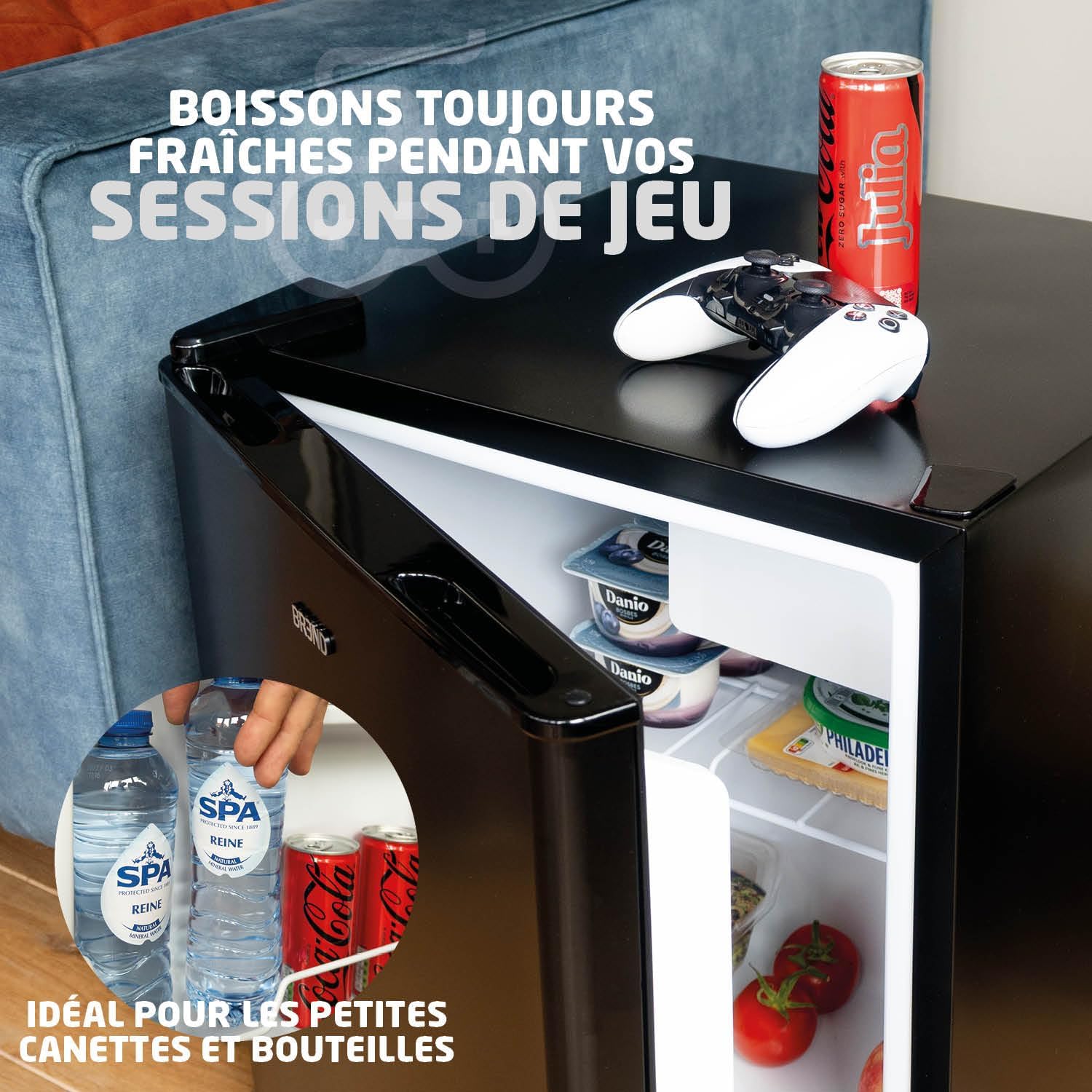 BREND BR-2241 Mini réfrigérateur avec congélateur - 42 + 5 litres - Réfrigérateur combiné - Éclairage LED - Noir - Idéal bureau, camping, chambre