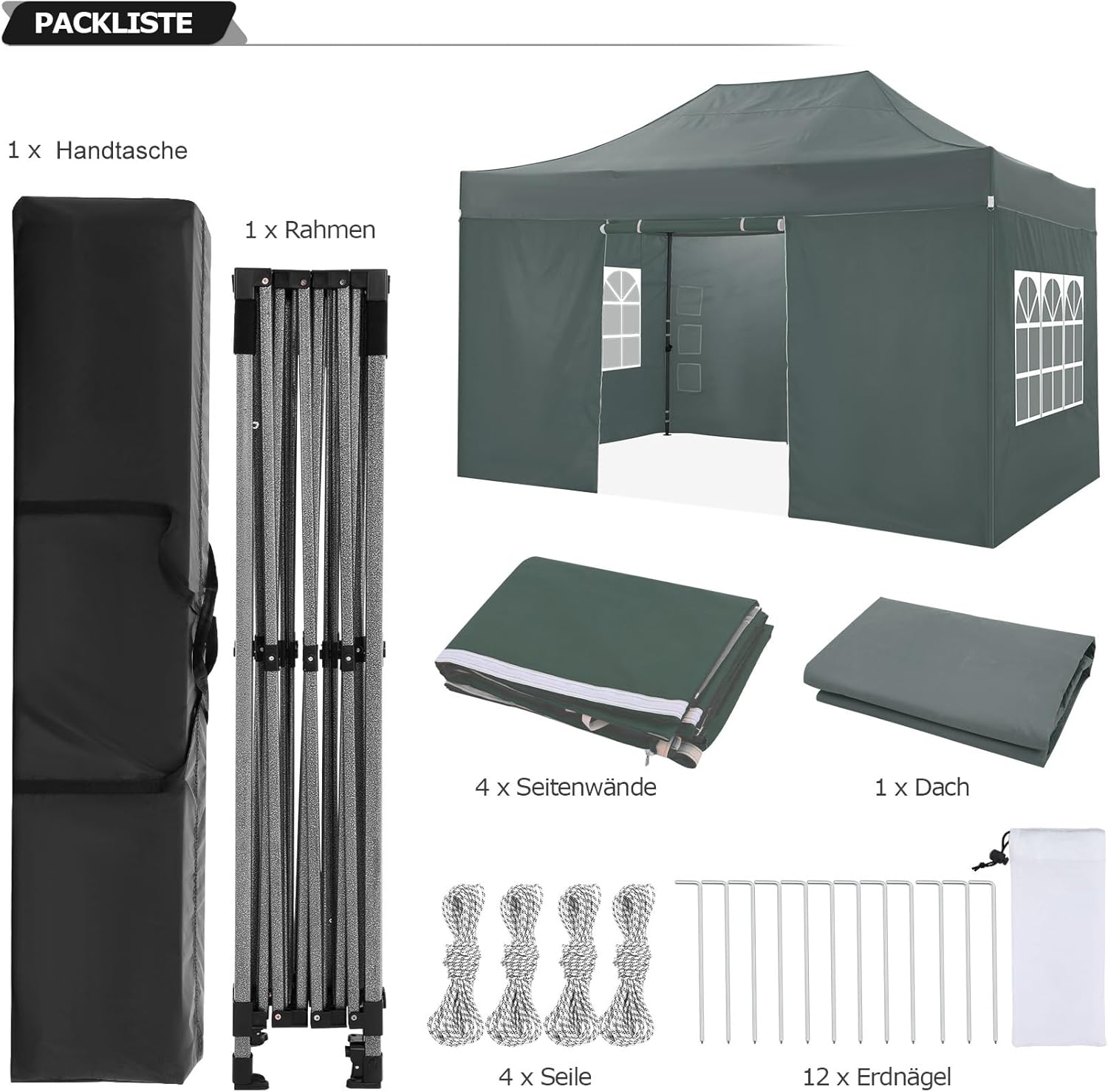 COBIZI Faltpavillon 3x4,5 Wasserdicht Stabil Winterfest mit Seitenwand,Pop Up Pavillon Partyzelt,Sonnenschutz Gartenpavillon,Pavillon Faltbar mit Handtasche(3 mal 4,5m Grau)