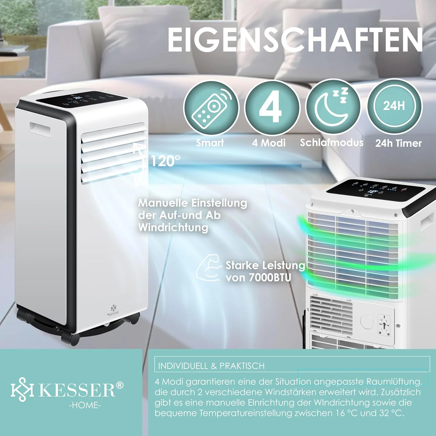 KESSER? Mobiele airco 4-in-1 koelen | Luchtontvochtiger ventileren | Ventilator 9000 BTU/u 1005W | Mobiele airconditioning met montagemateriaal, afstandsbediening & timer | Nachtmodus & 360�� wielen