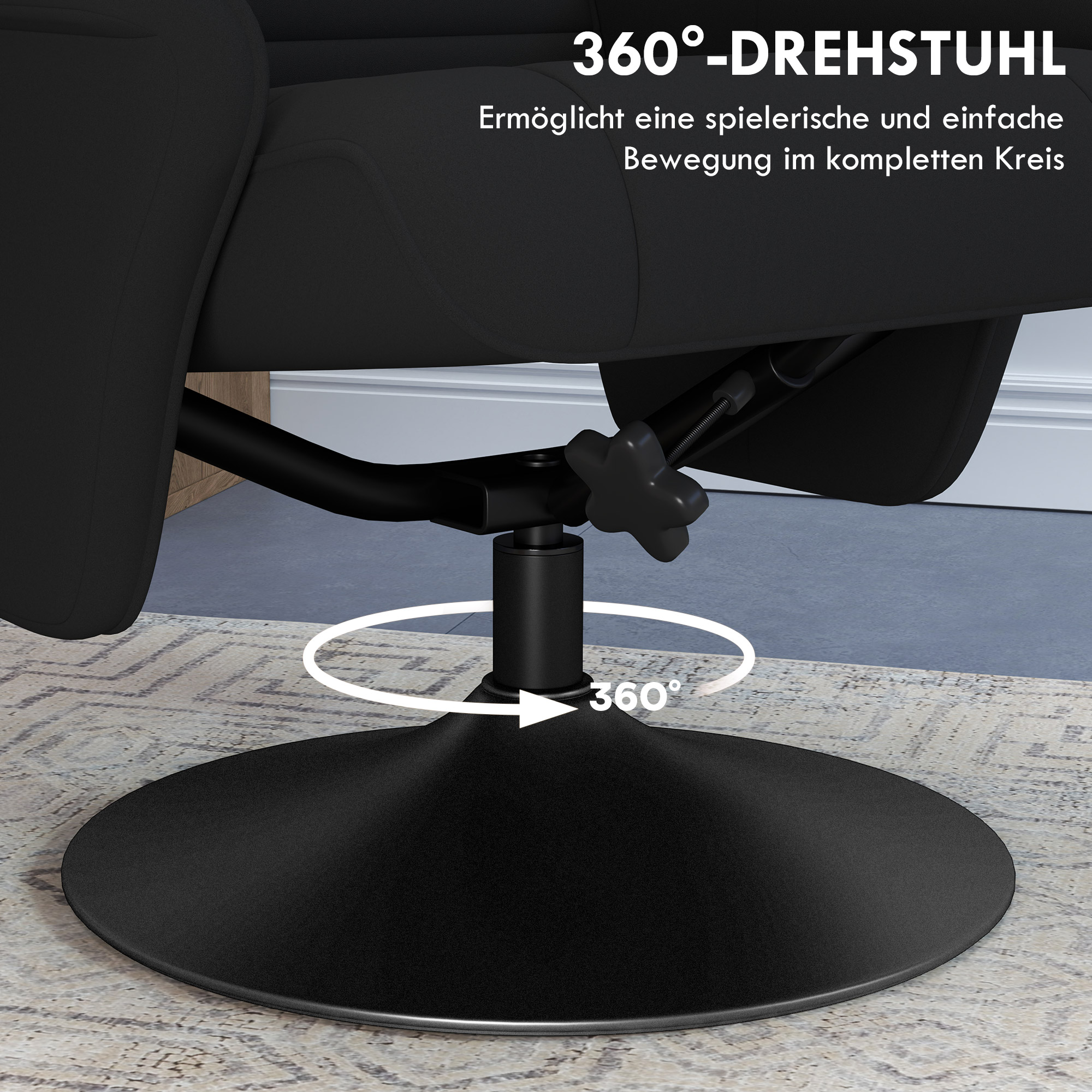 Polsterfauteuil, Accentstoel met Voetenbank, Draaibaar, Ergonomisch, Microvezeldoek, tot 150 kg, Zwart