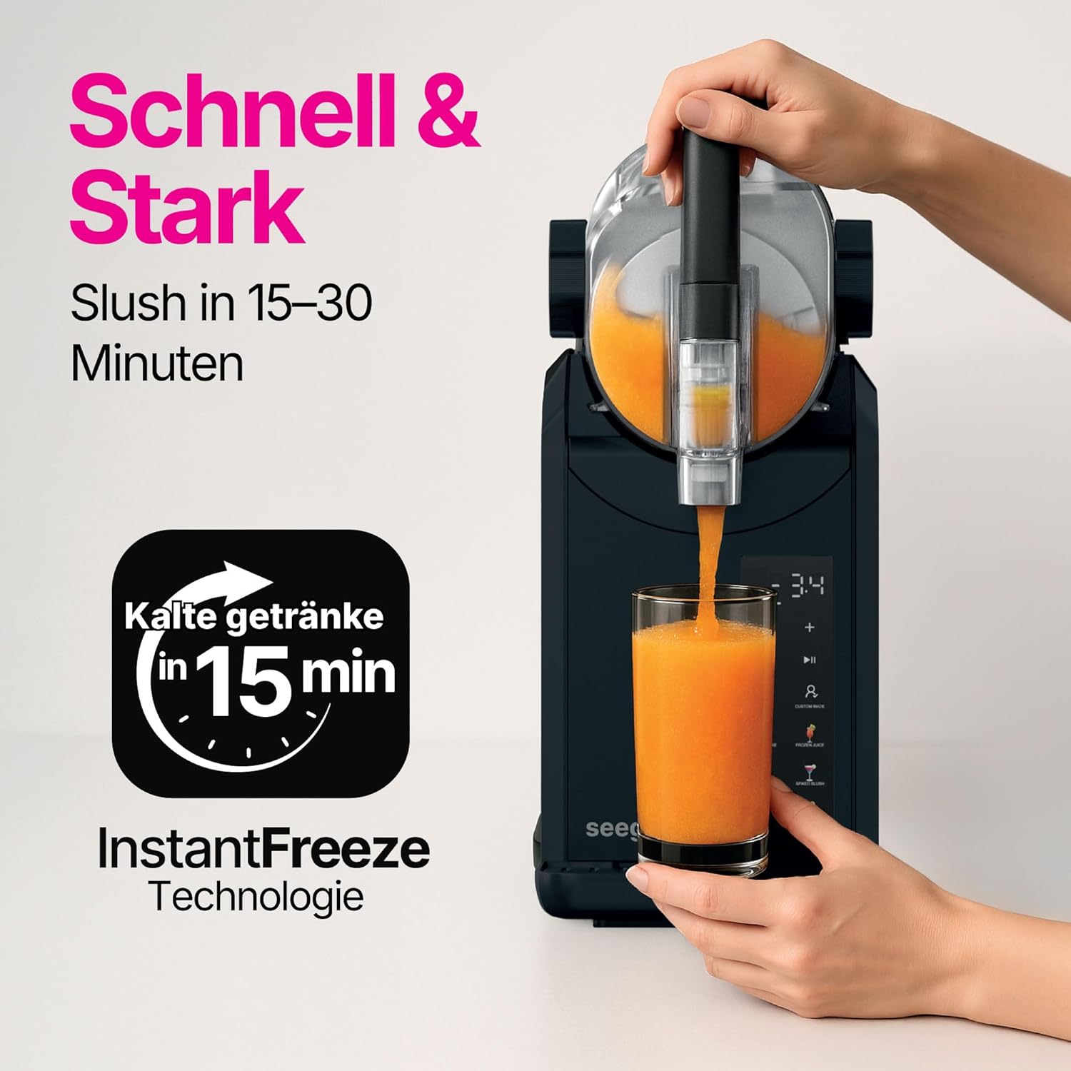 Seeger SuperSlush, 2L 7-in-1 Slush Maschine für zu Hause, 7 Smarten Programma, Automatische Reinigung und InstantFreeze 15 min Technologie, Slushi, Eis-Cocktails, Frappé, Milchshakes, Schwarz