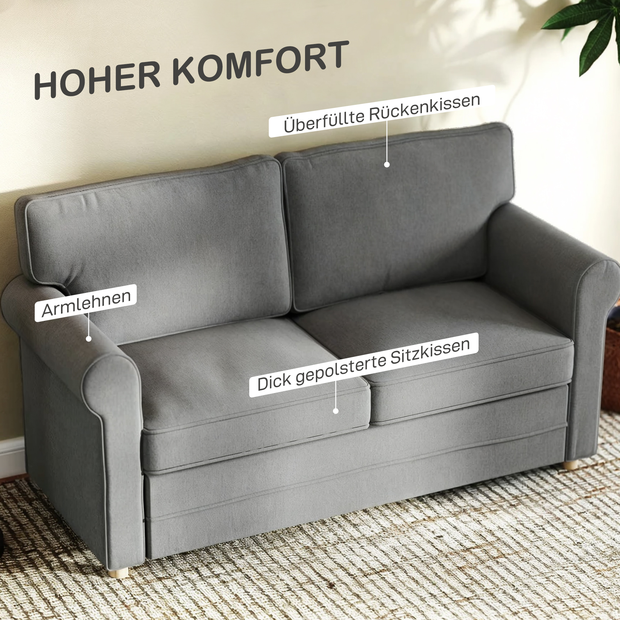 2-zitsbank, Compacte Woonkamerbank, Stof in Linnenlook, Zachte Zitkussens, Stalen Frame, Donkergrijs