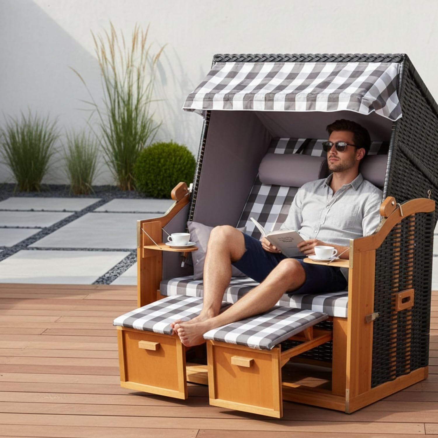 Strandkorb Ostsee Wacholder PE Schwarz | 2 Sitzer wetterfest | Volllieger Hartholz Zweisitzer | Roofed Wicker Beach Chair Garten | Strandkörbe Balkon | Strandstuhl (Dessin Grau Kariert)