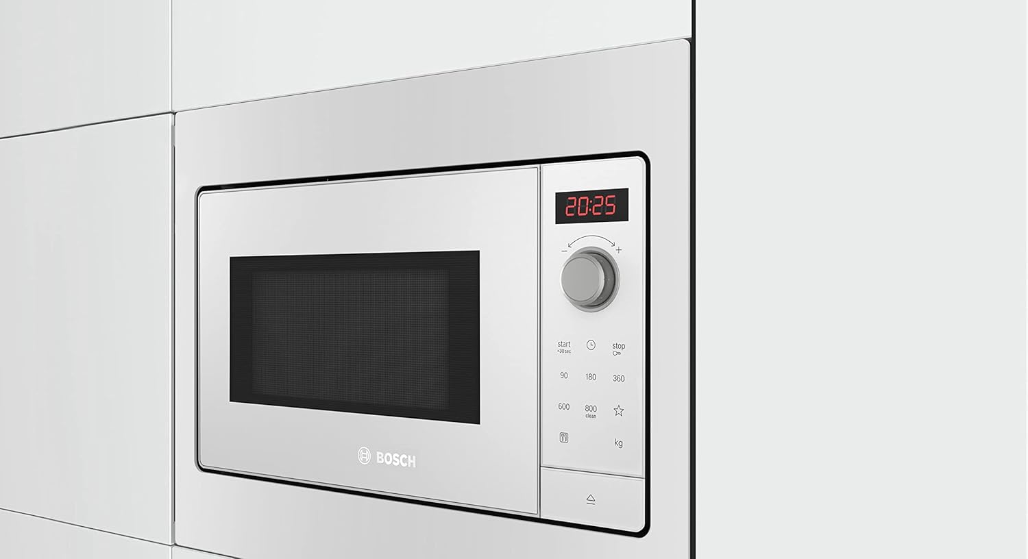 Bosch BFL523MW3 Serie 2 Einbau-Mikrowelle, 38 x 50 cm, 800 W, Drehteller 27 cm, Türanschlag Links, AutoPilot 7 7 Automatikprogramme, Reinigungsunterstützung, LED-Touchdisplay