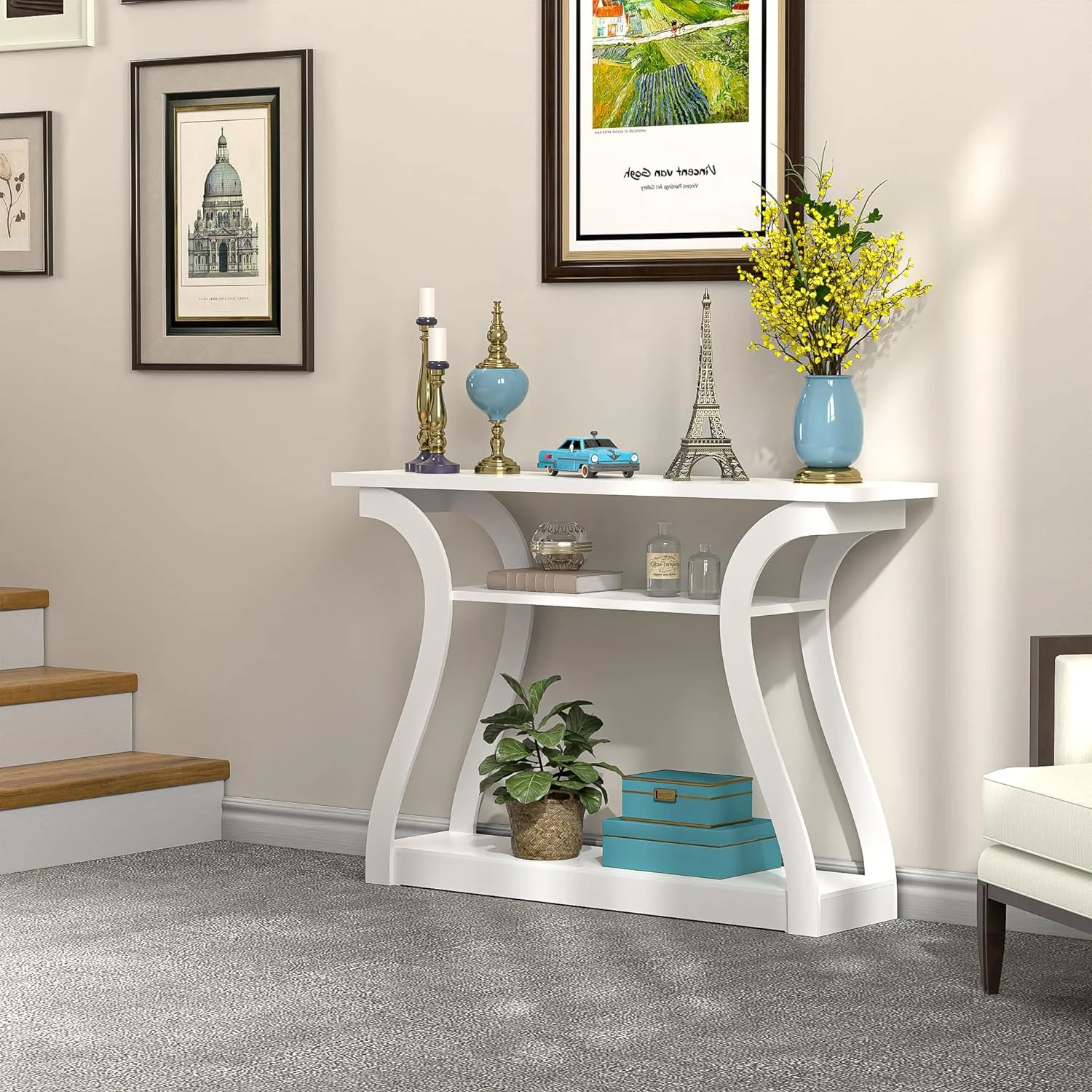 Consoletafel, haltafel met 3-laagse planken, lange smalle tafel voor hal, woonkamer, gang, bank, modderkamer, wit