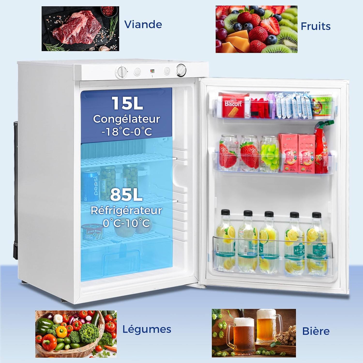 Smad Frigo Trimixte 12V 220V Gaz, 100L, Frigo Gaz Camping Car, Réfrigérateur Gaz avec Congélateur, pour Camping Car, Caravane, Cabanon, Chalet, Blanc