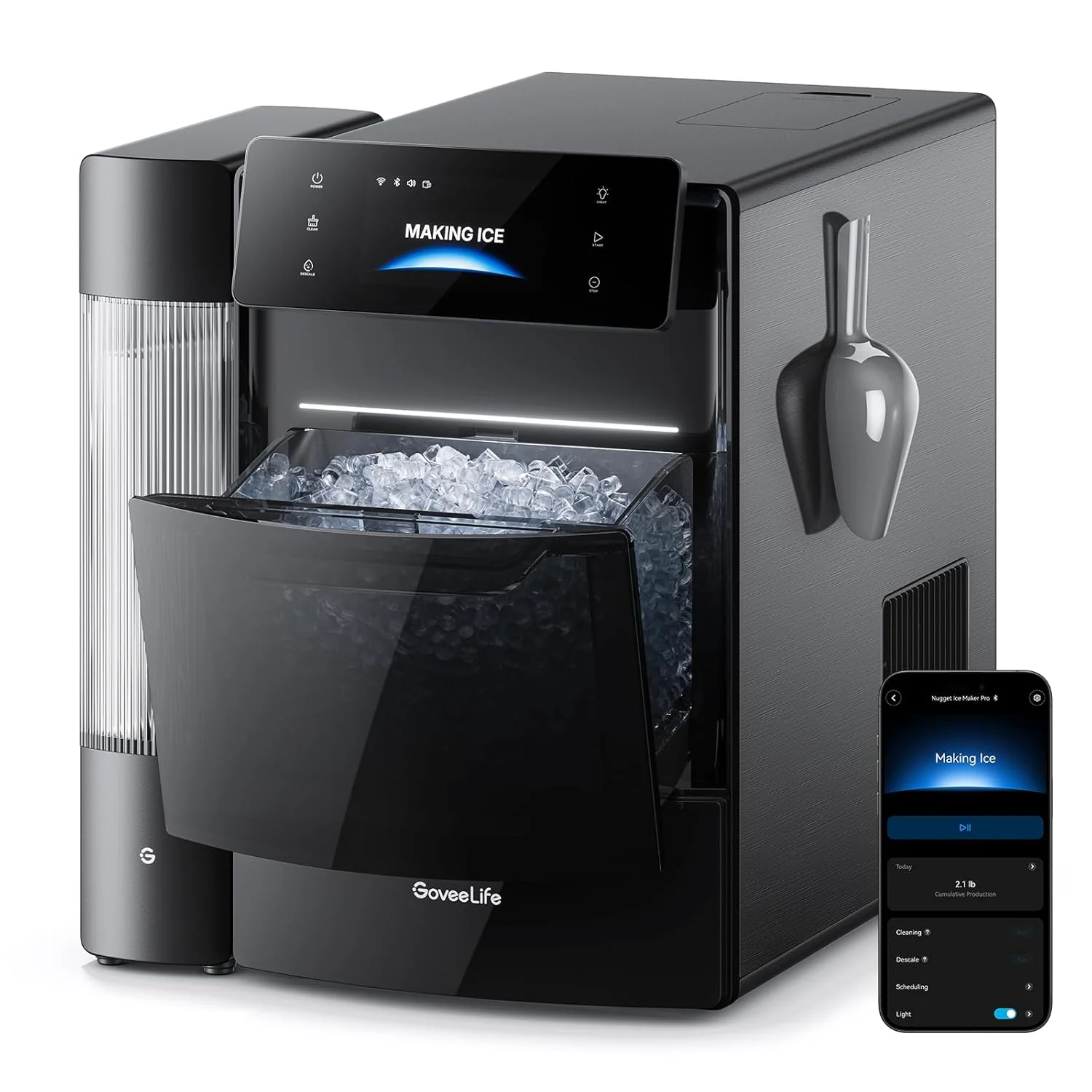 GoveeLife Smart Nugget Ice Maker Pro. 60lbs Daily. 6-Minute First Ice. 40dB Ultra-Quiet with AI NoiseGuard. App & Voice Control. Self-Clean. 3.5lbs Basket & Dual Water Tanks. for Home Kitchen. Party